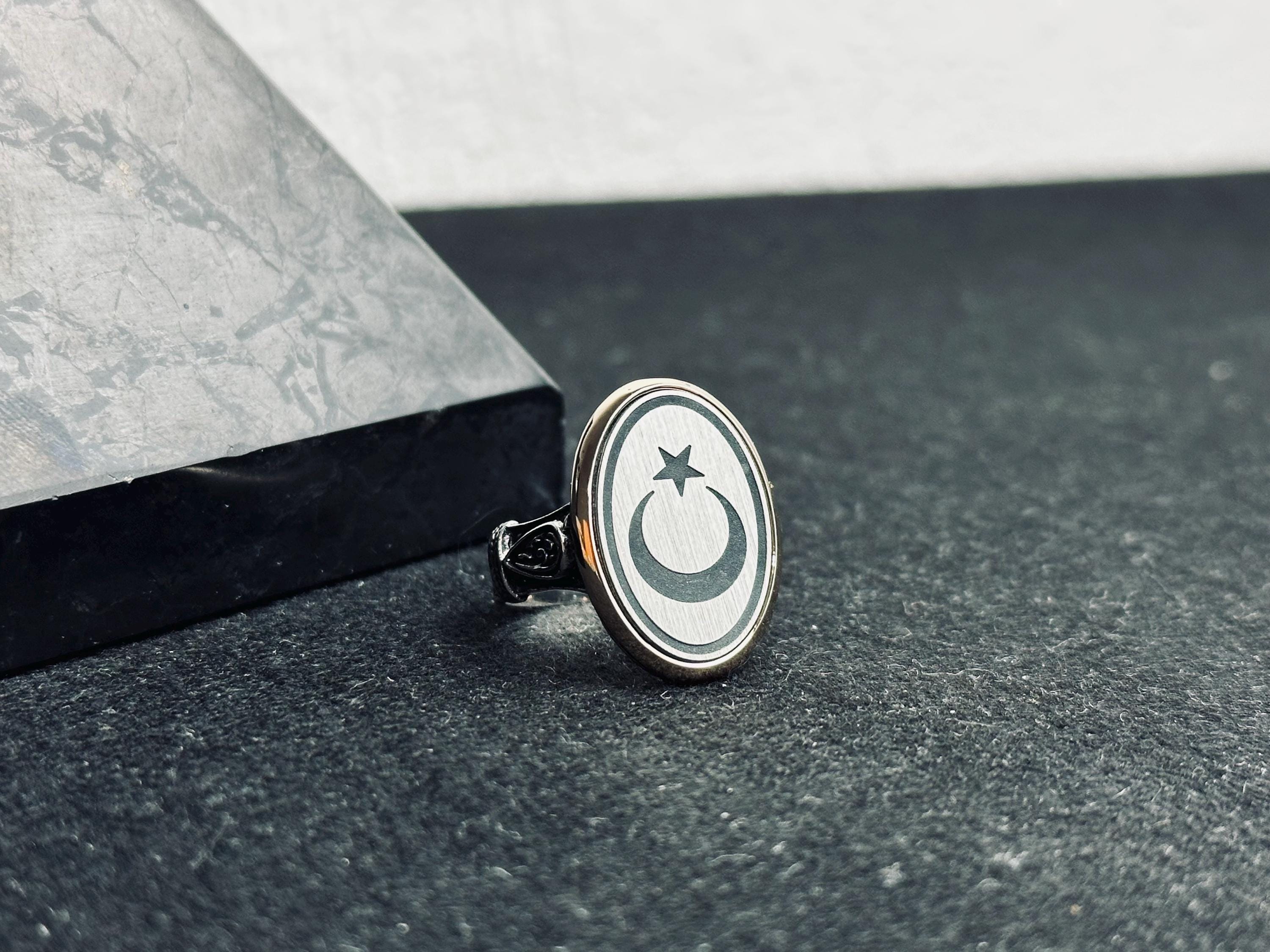 Moon and Star Men's Ring - Bold Oval Sterling Silver Band