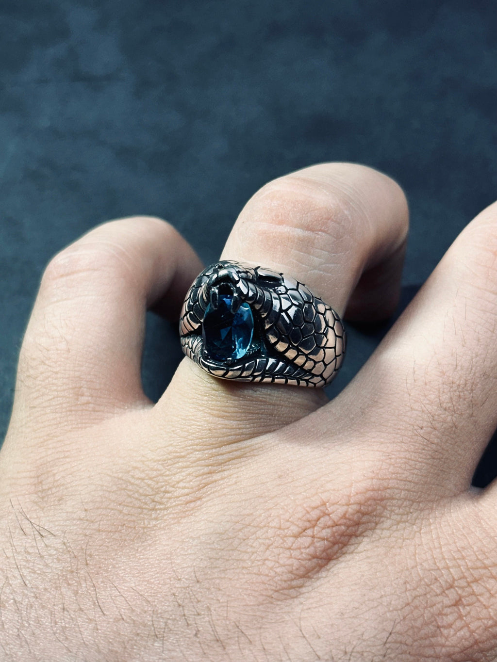 Snake Ring: Sterling Silver with Blue CZ Stone (Engraved Style)