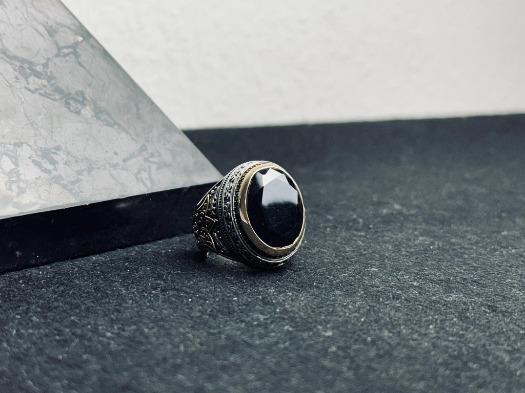 Black Zircon Men's Ring - Handmade Turkish Sterling Silver