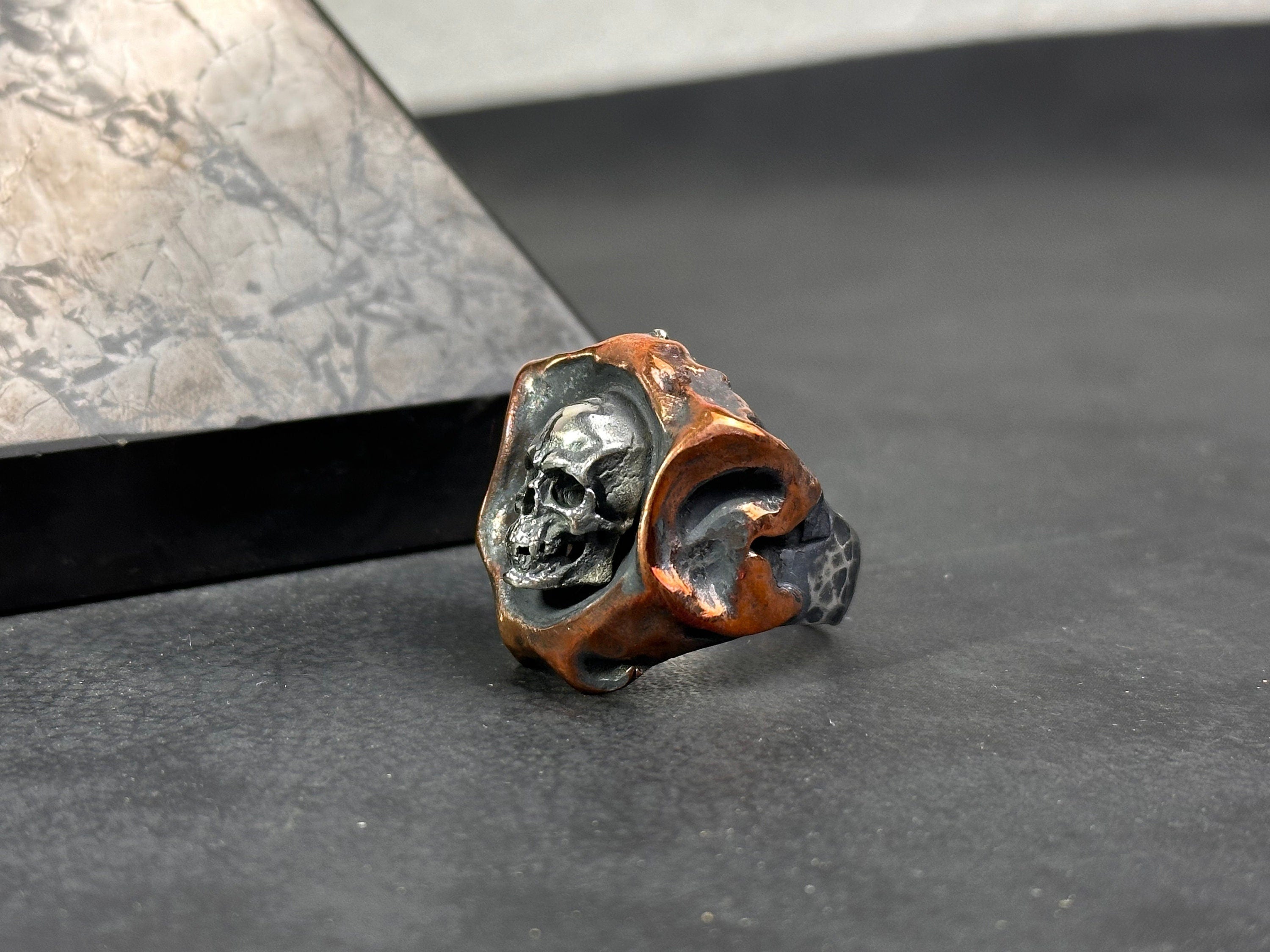 Oxidized Sterling Silver Skull Ring: Handmade Gothic Biker Jewelry