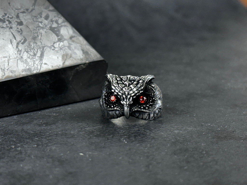 Owl Ring: Sterling Silver, Zircon Eye Detail - Handmade Statement