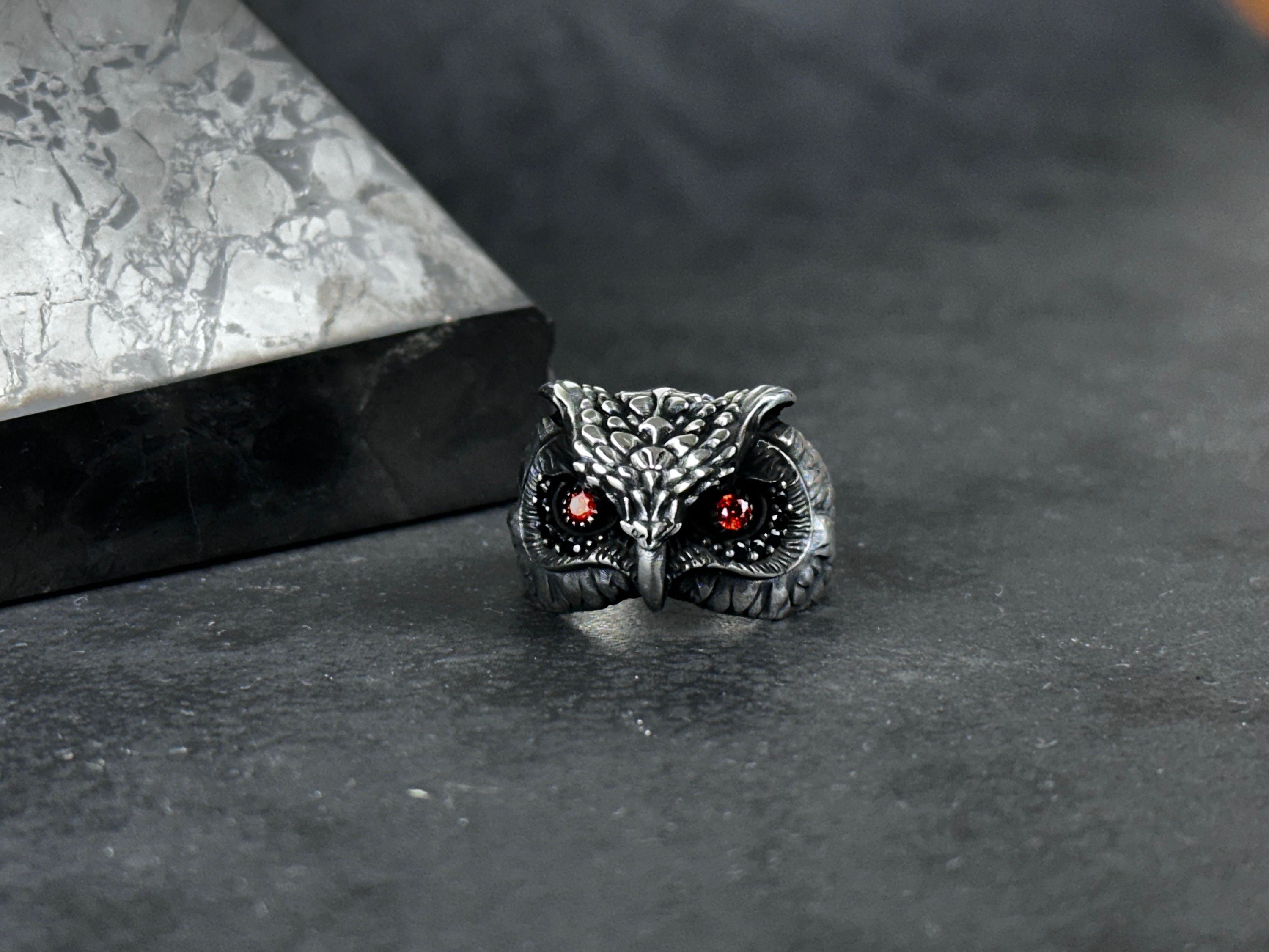 Owl Ring: Sterling Silver, Zircon Eye Detail - Handmade Statement