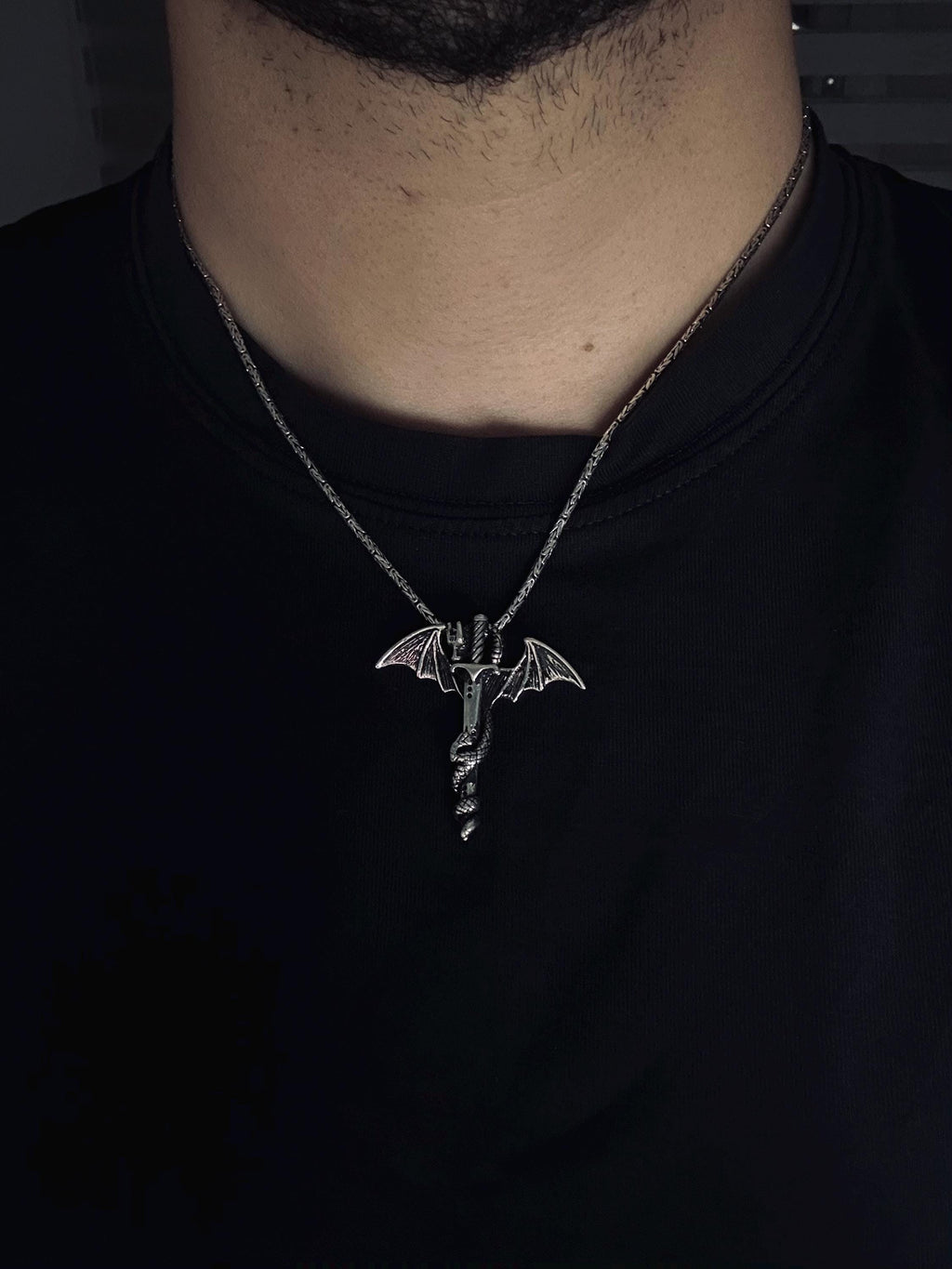Bat Wing Sword Pendant: Gothic Sterling Silver Necklace