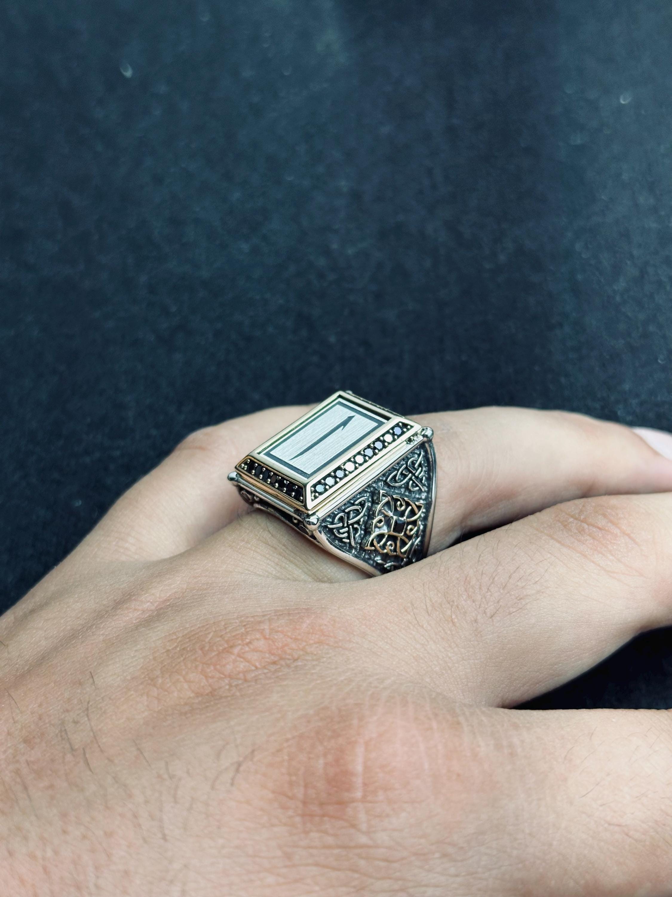 Square Elif Vav Ring: Turkish Sterling Silver - Ottoman Calligraphy Design