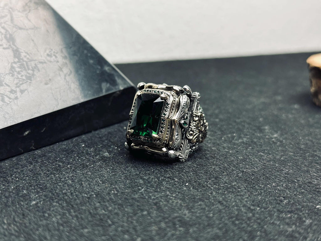 Men’s Emerald Ring: Bold Square Gem - Handmade Sterling Silver