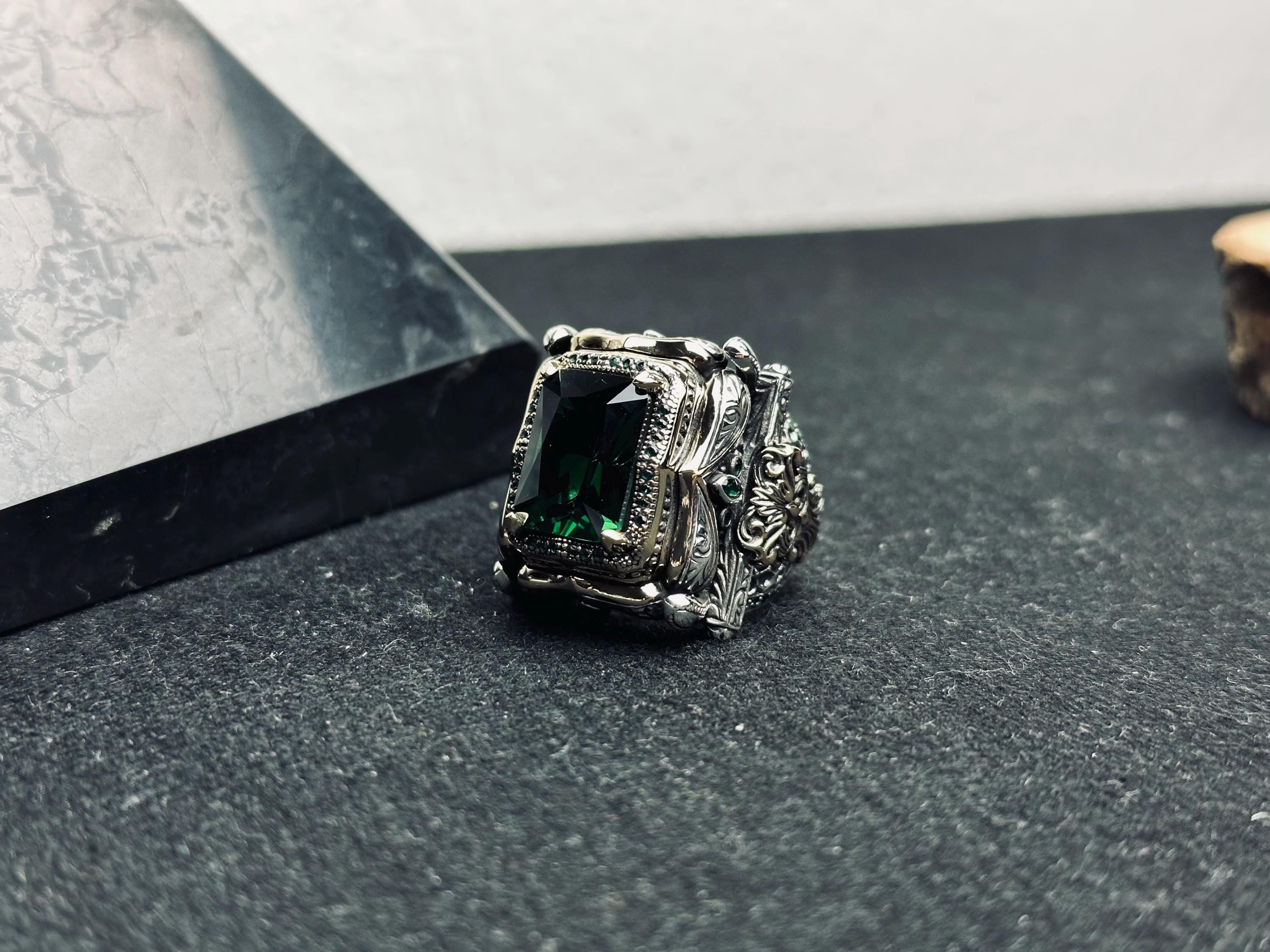 Men’s Emerald Ring: Bold Square Gem - Handmade Sterling Silver