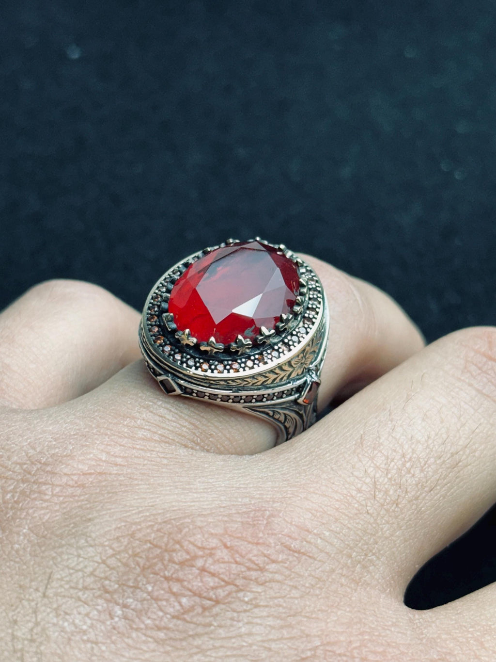 Men's Sterling Silver Ring, Oval Red Ruby (Handmade Statement)