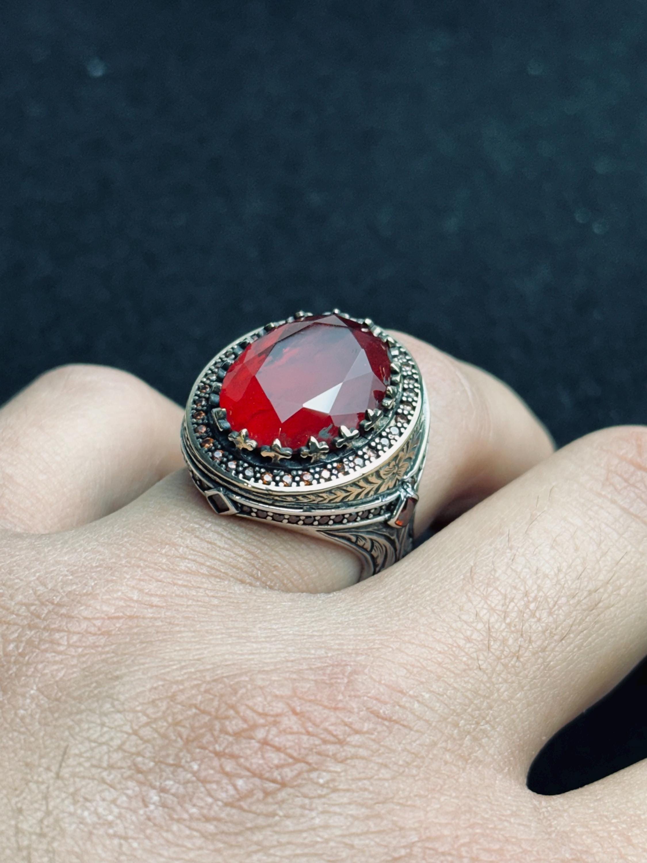 Men's Sterling Silver Ring, Oval Red Ruby (Handmade Statement)