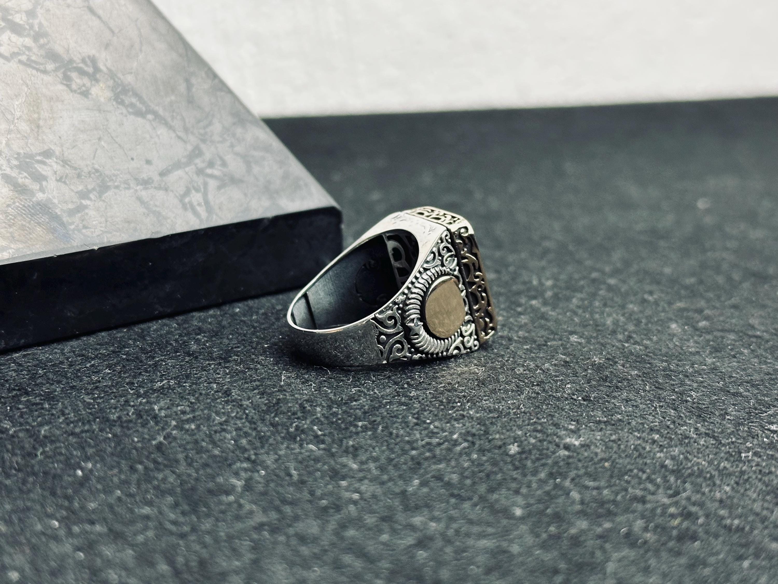 Square Onyx Ring: Turkish Handmade Silver - Engraved Ottoman Style
