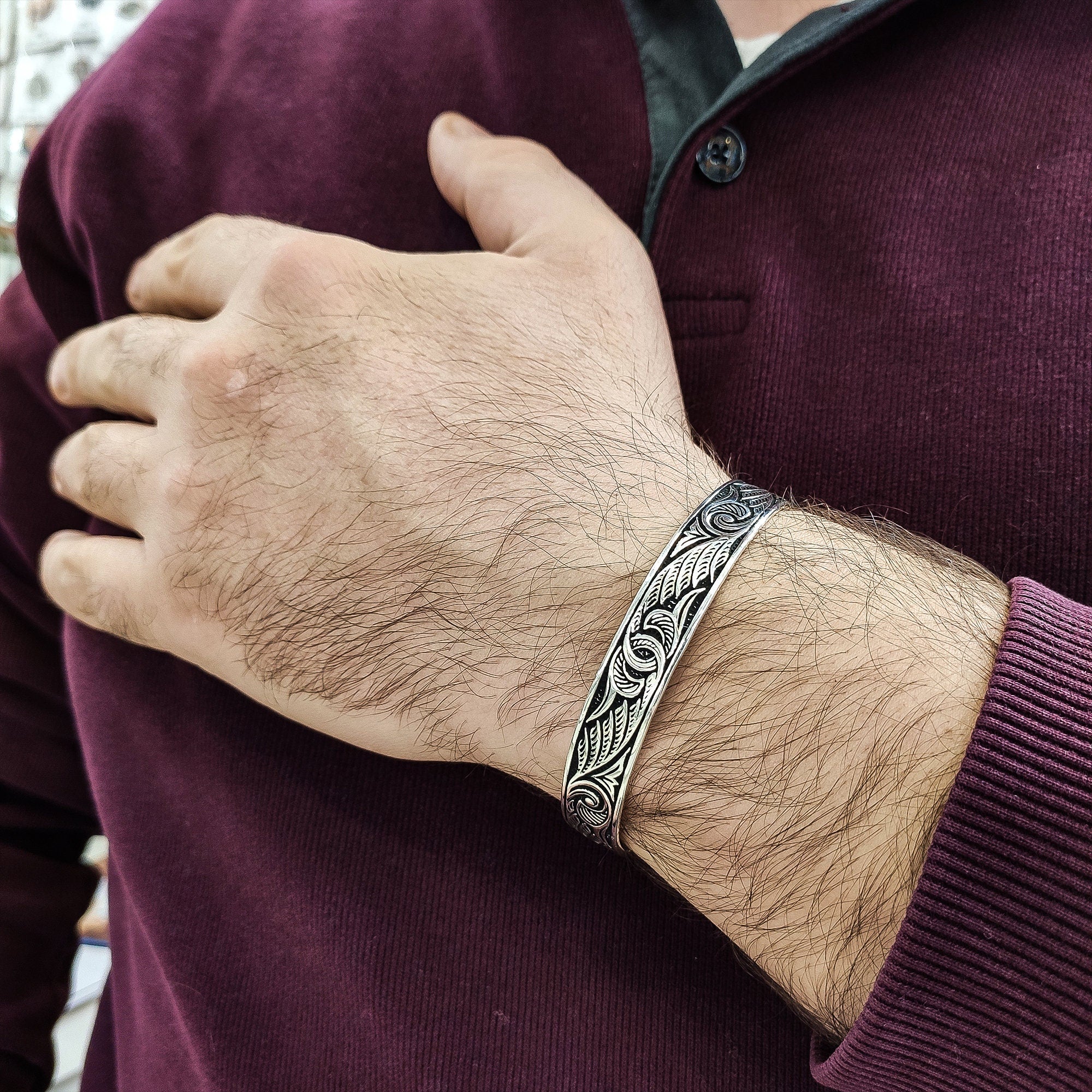 Engraved Sterling Silver Bracelet - Handmade Men's Cuff