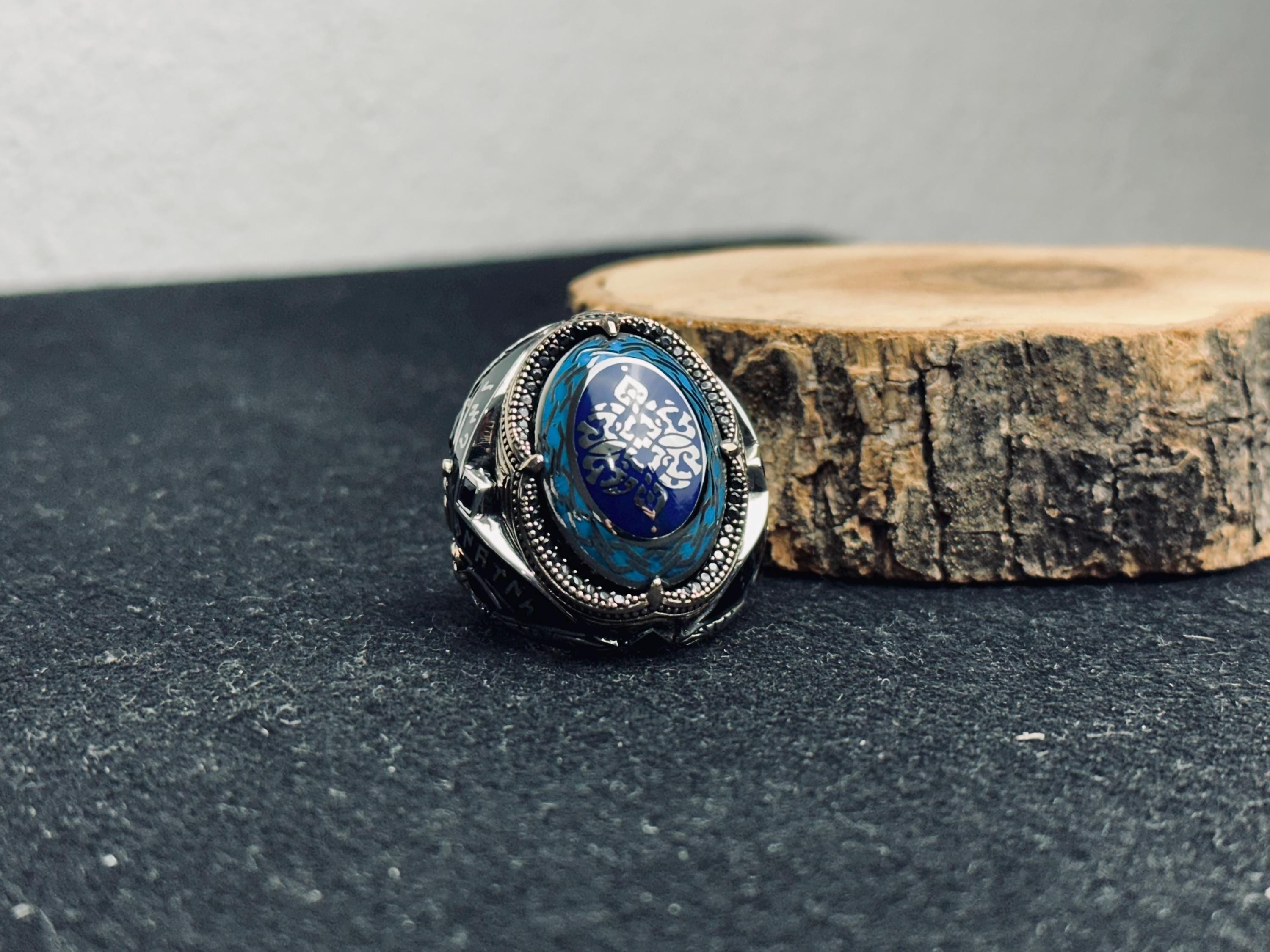 Sterling Silver Blue Stone Ottoman Ring, Islamic Calligraphy Men Ring, Turkish Handmade Jewelry, Ramadan Gift, Statement Signet Ring