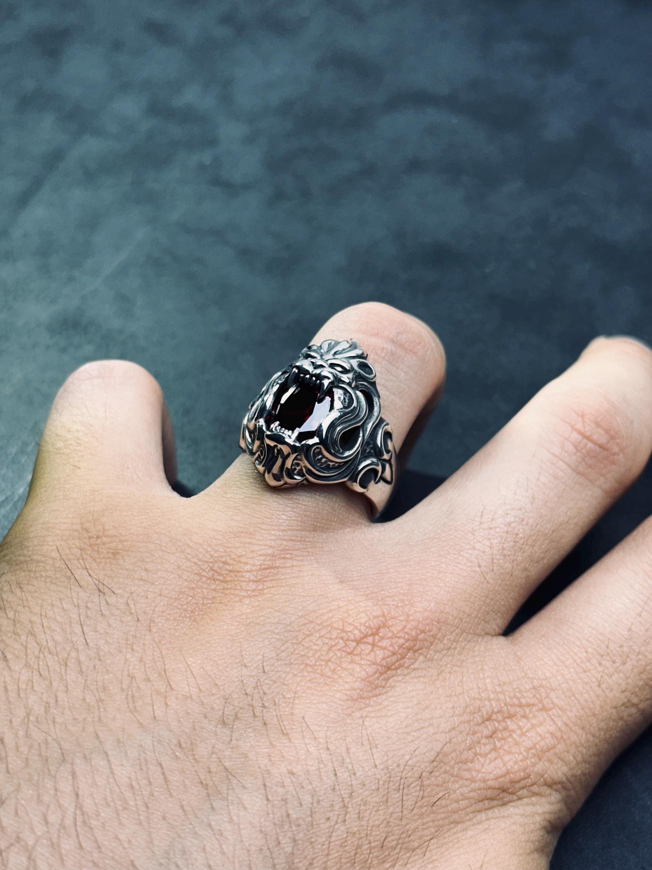 Boho Sterling Silver Lion Ring, Red Cubic Zirconia (Oxidized Finish)