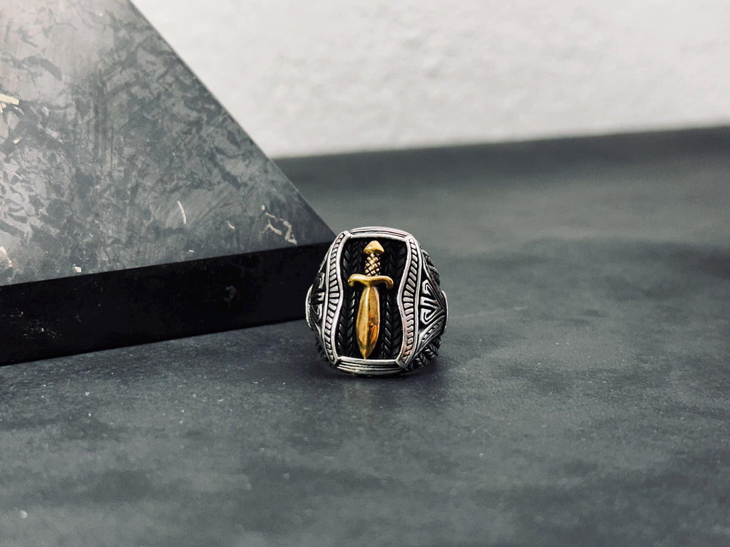 Sword Signet Ring: Handmade Silver with Gold Detail (Adjustable)
