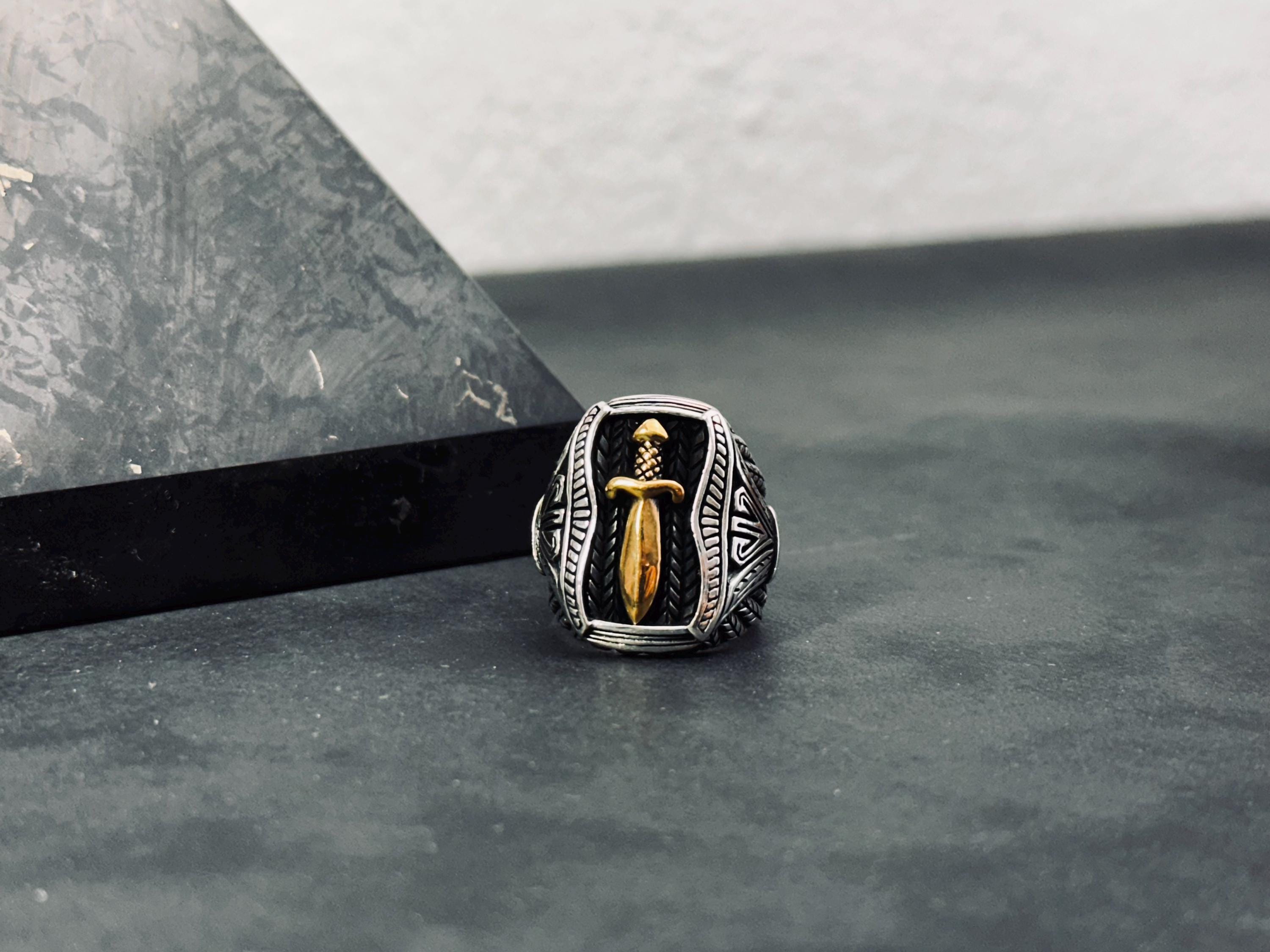 Sword Signet Ring: Handmade Silver with Gold Detail (Adjustable)