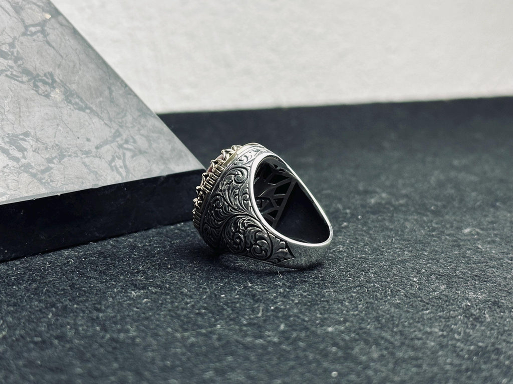 Red Aqeeq Ring for Men: Oval Agate Stone, Sterling Silver