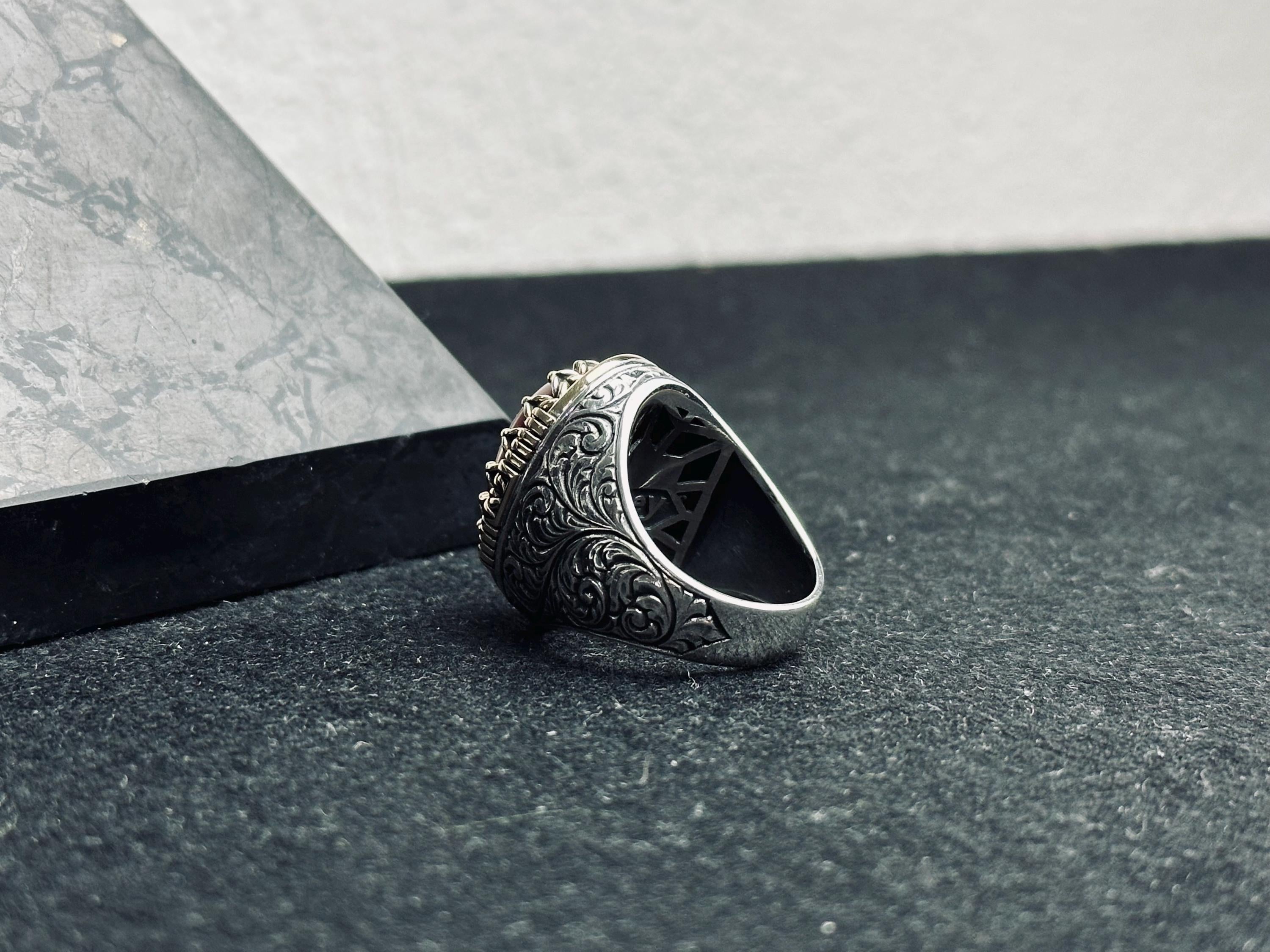Red Aqeeq Ring for Men: Oval Agate Stone, Sterling Silver