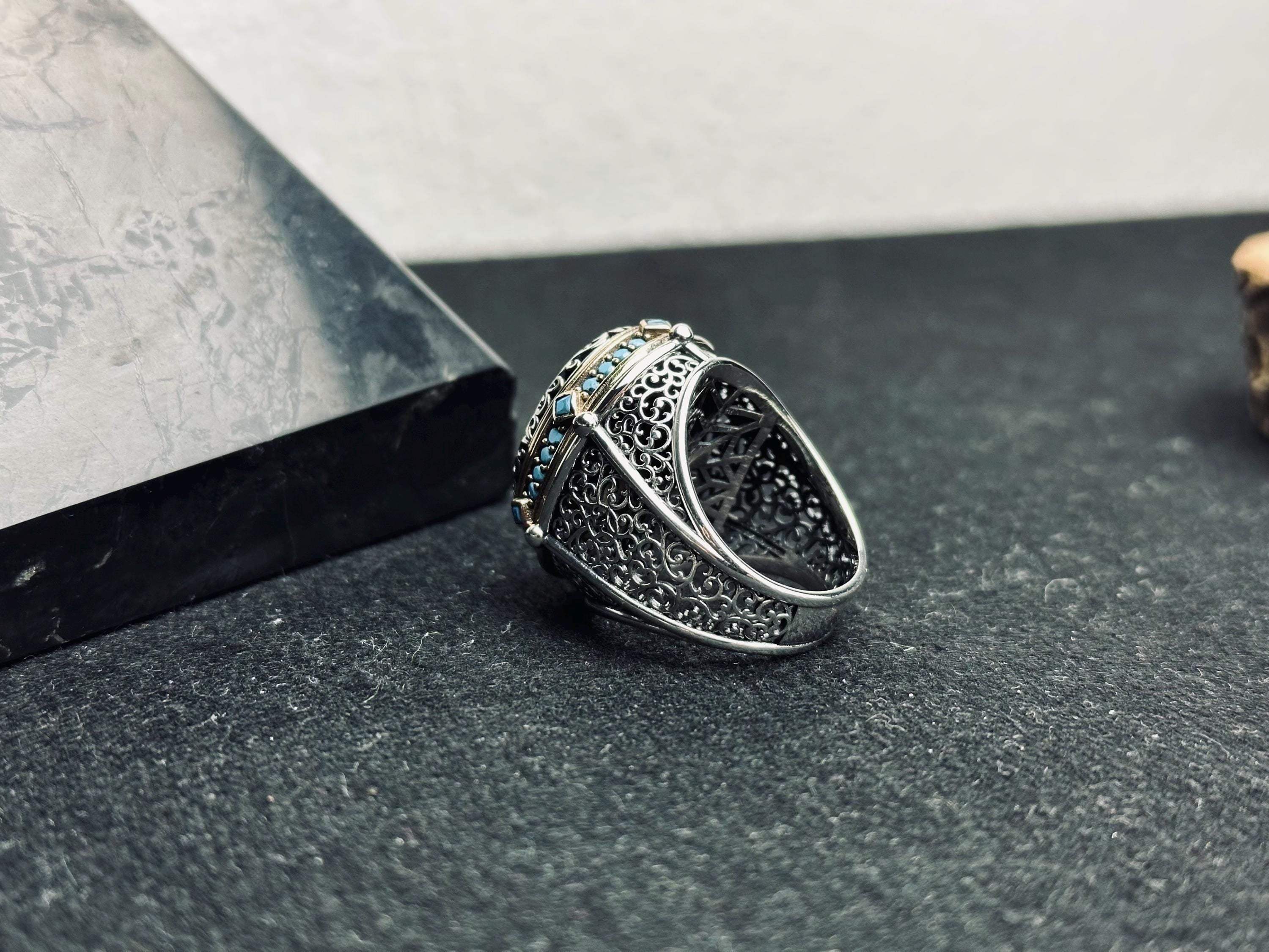Turquoise Ring: Handmade Turkish Sterling Silver (Oval, Men's Size)
