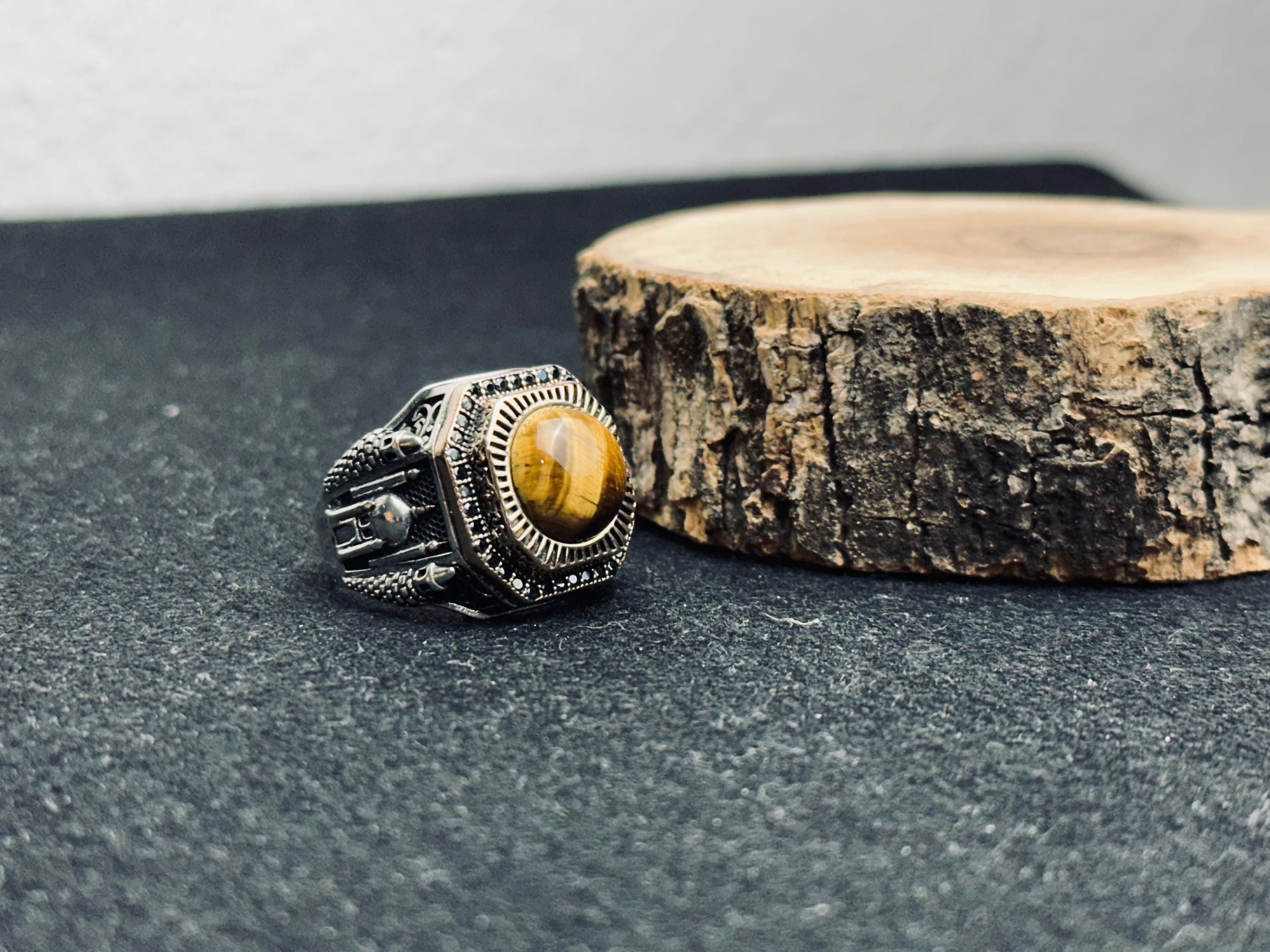 Tiger Eye Statement Ring: Men's Silver Jewelry (Mosque Engraving)