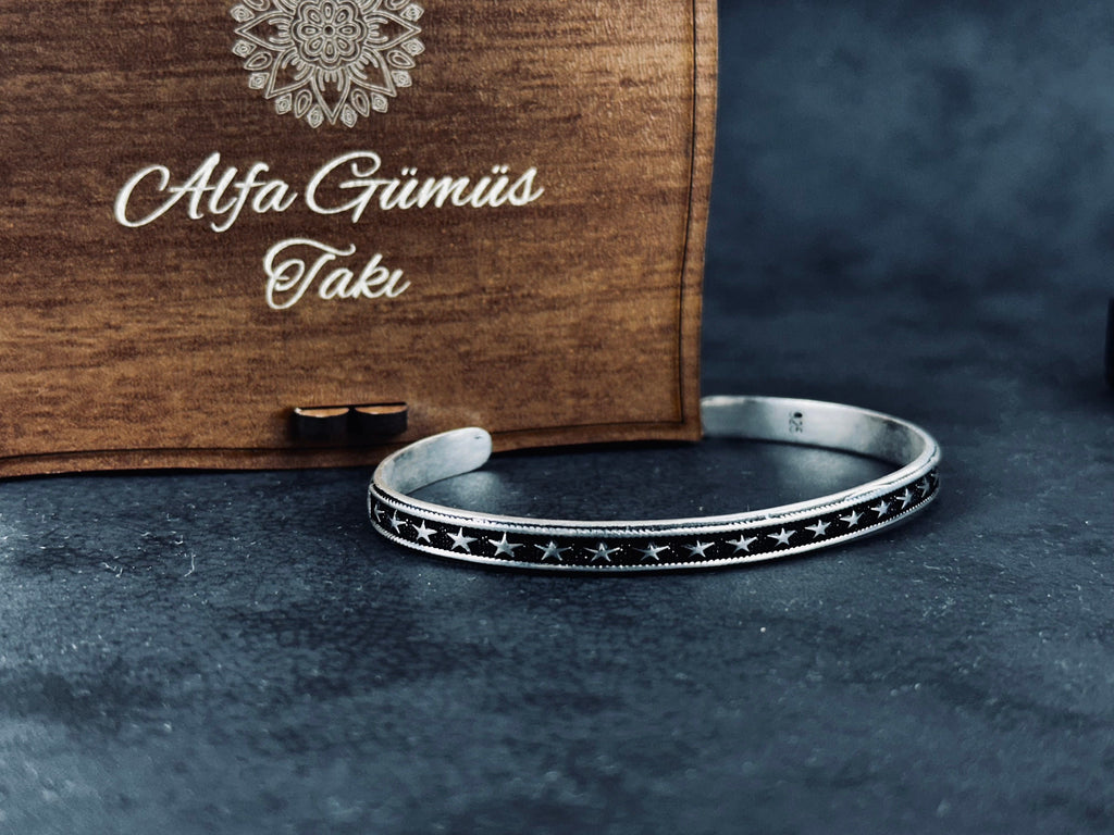 Star Embroidered Silver Bangle: Handmade Adjustable Sterling Cuff