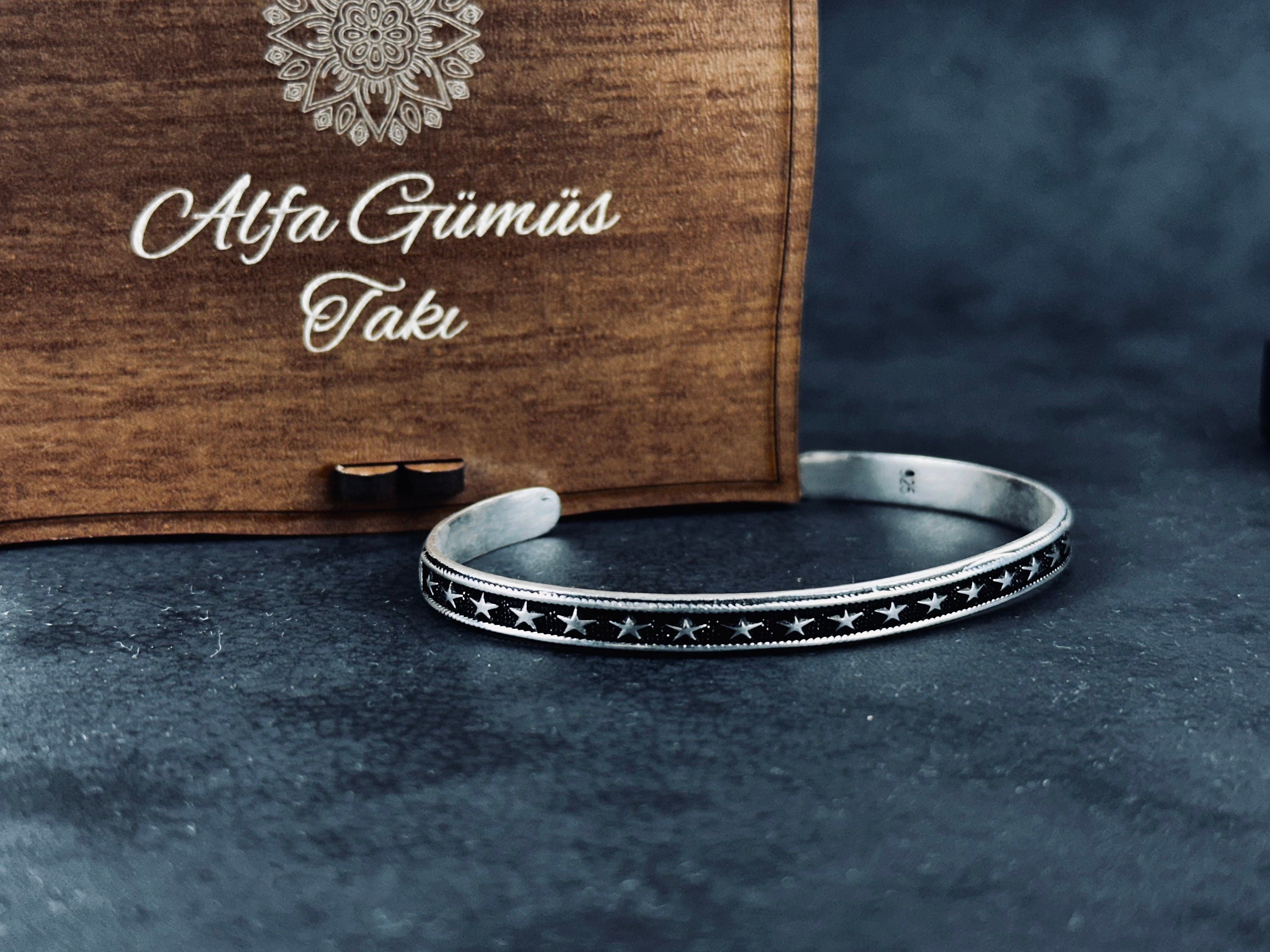 Star Embroidered Silver Bangle: Handmade Adjustable Sterling Cuff