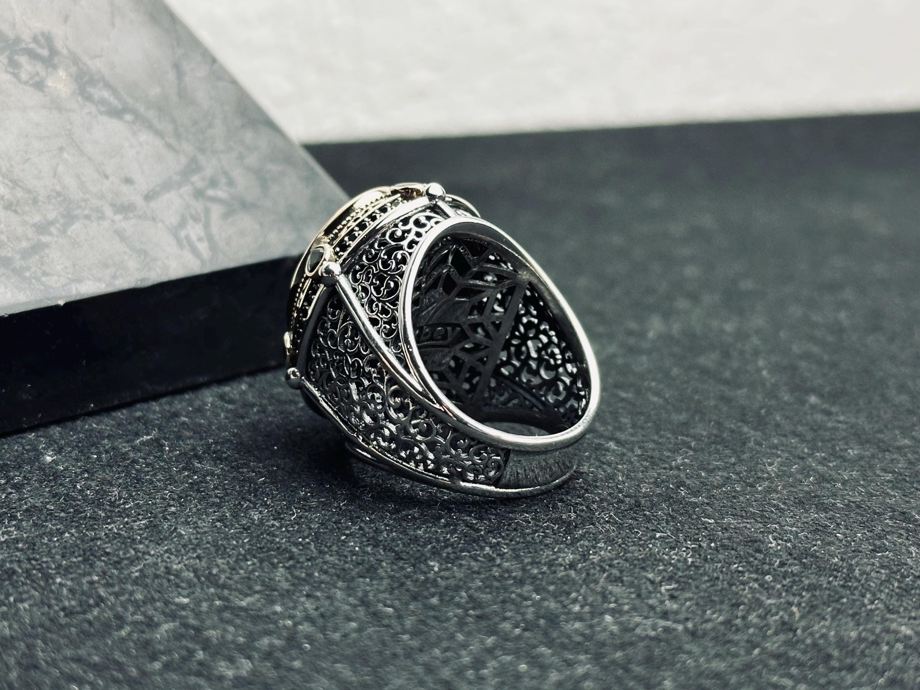 Turkish Sterling Silver Ring, Black CZ Stone, Bold Design (Men’s Size)