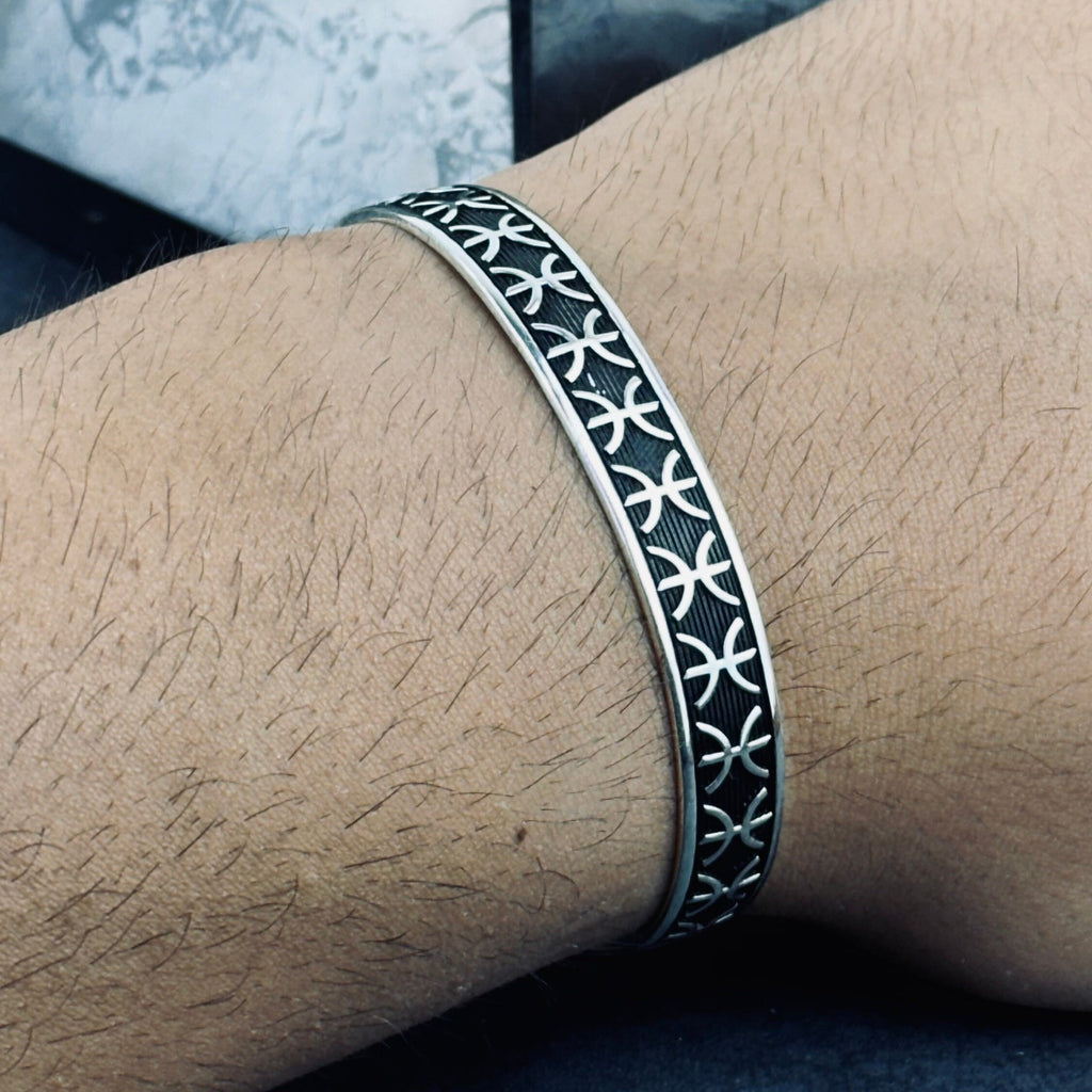 Sterling Silver Cuff Bracelet: Embroidered Pattern - Unisex Adjustable