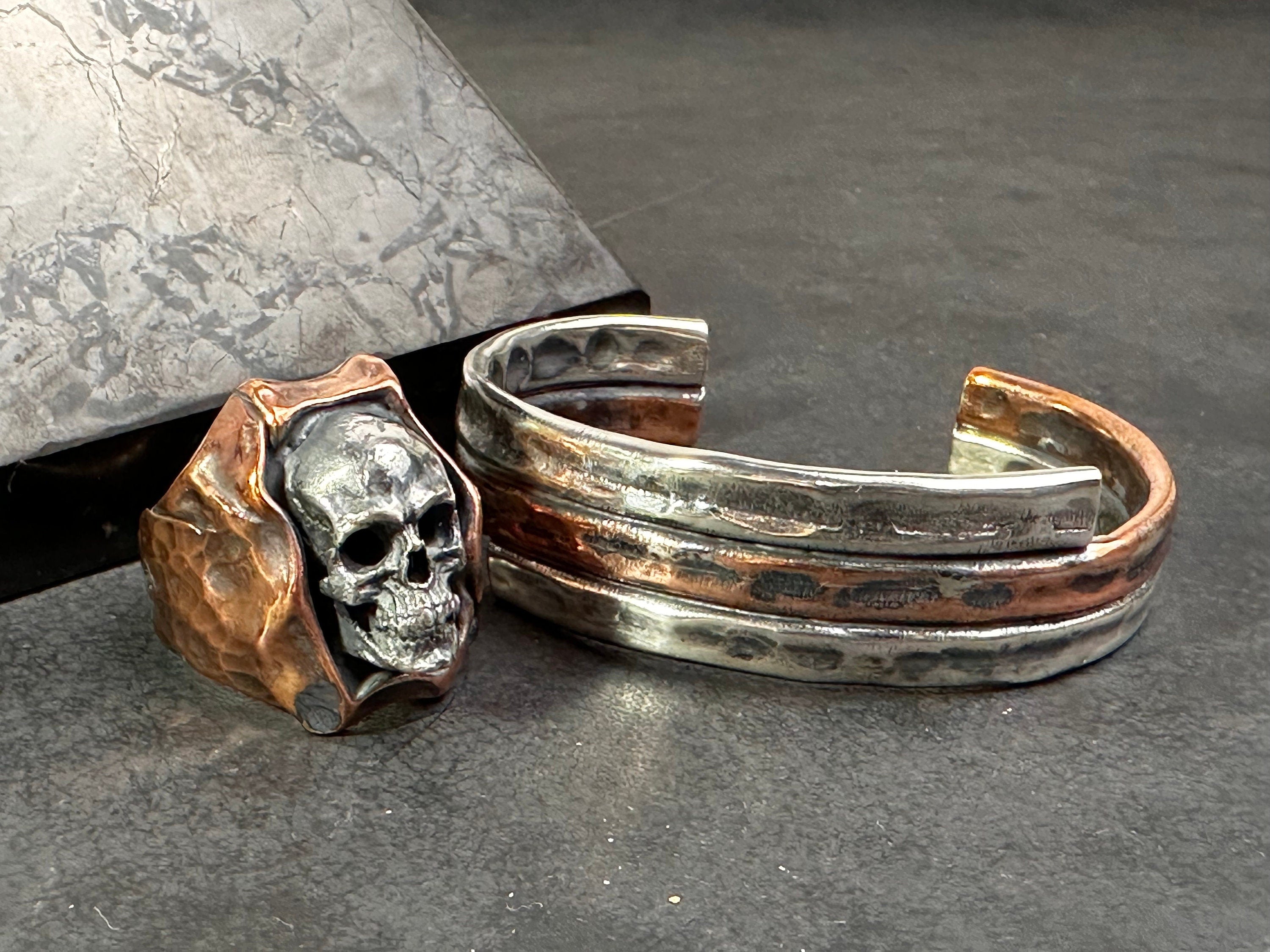 Skull Punk Silver Ring and Bracelet Set (Handmade, Chunky Style)