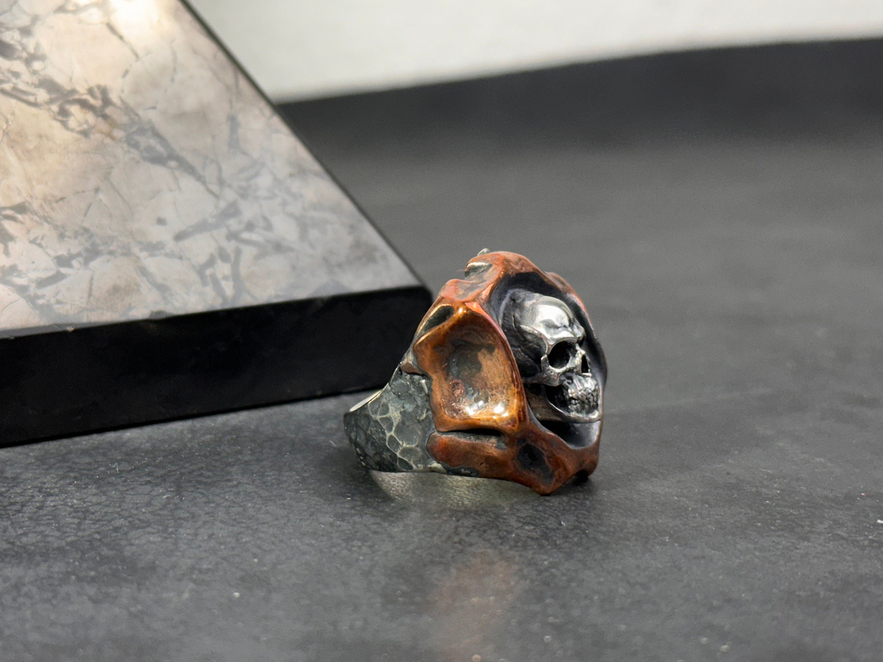 Oxidized Sterling Silver Skull Ring: Handmade Gothic Biker Jewelry