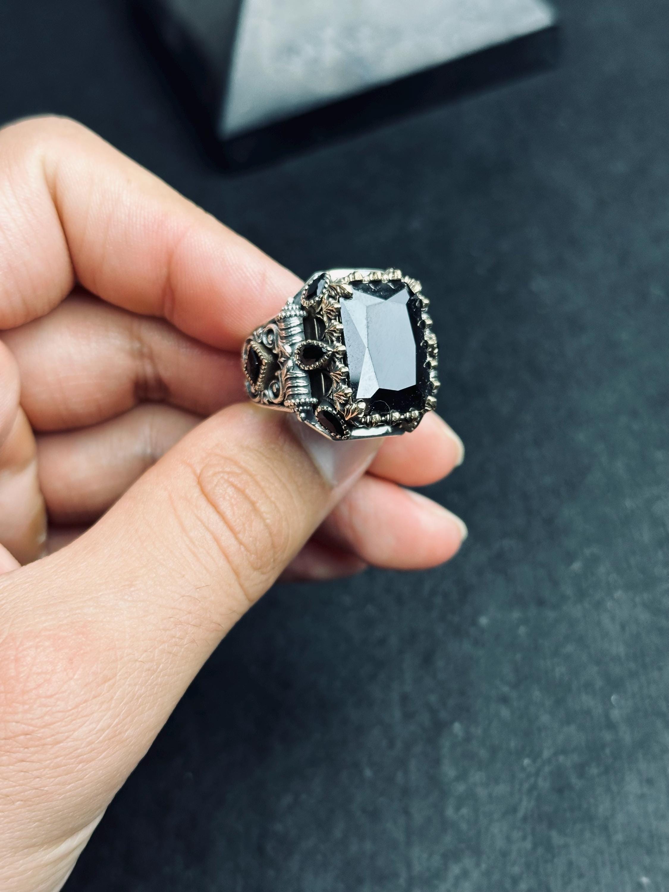 Men's Statement Ring: Black Zircon Square - 925 Sterling Silver