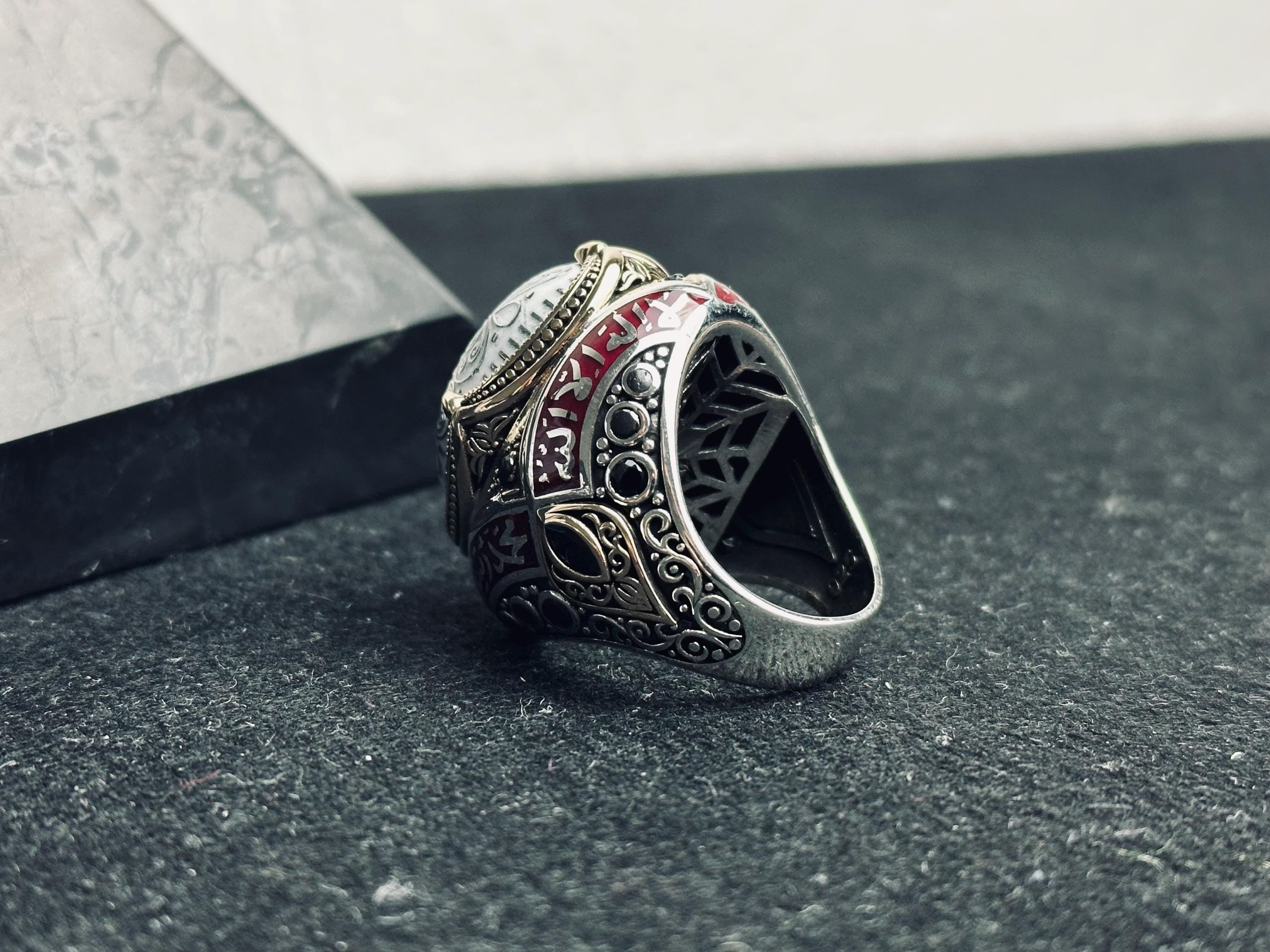 Red Enamel Islamic Ring, 925 Sterling Silver Arabic Calligraphy