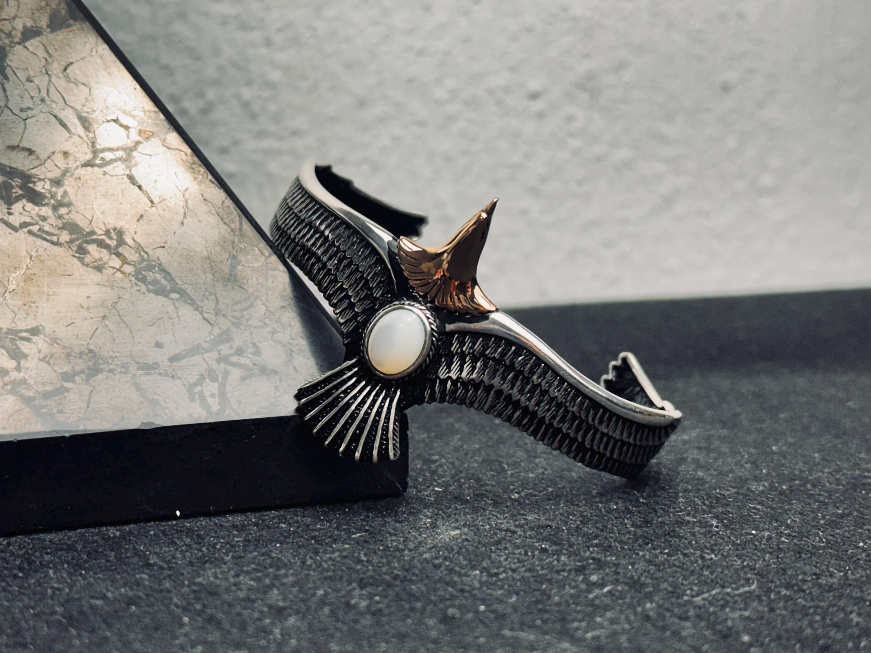 Sterling Silver Eagle Bracelet: Mother of Pearl Stone Detail