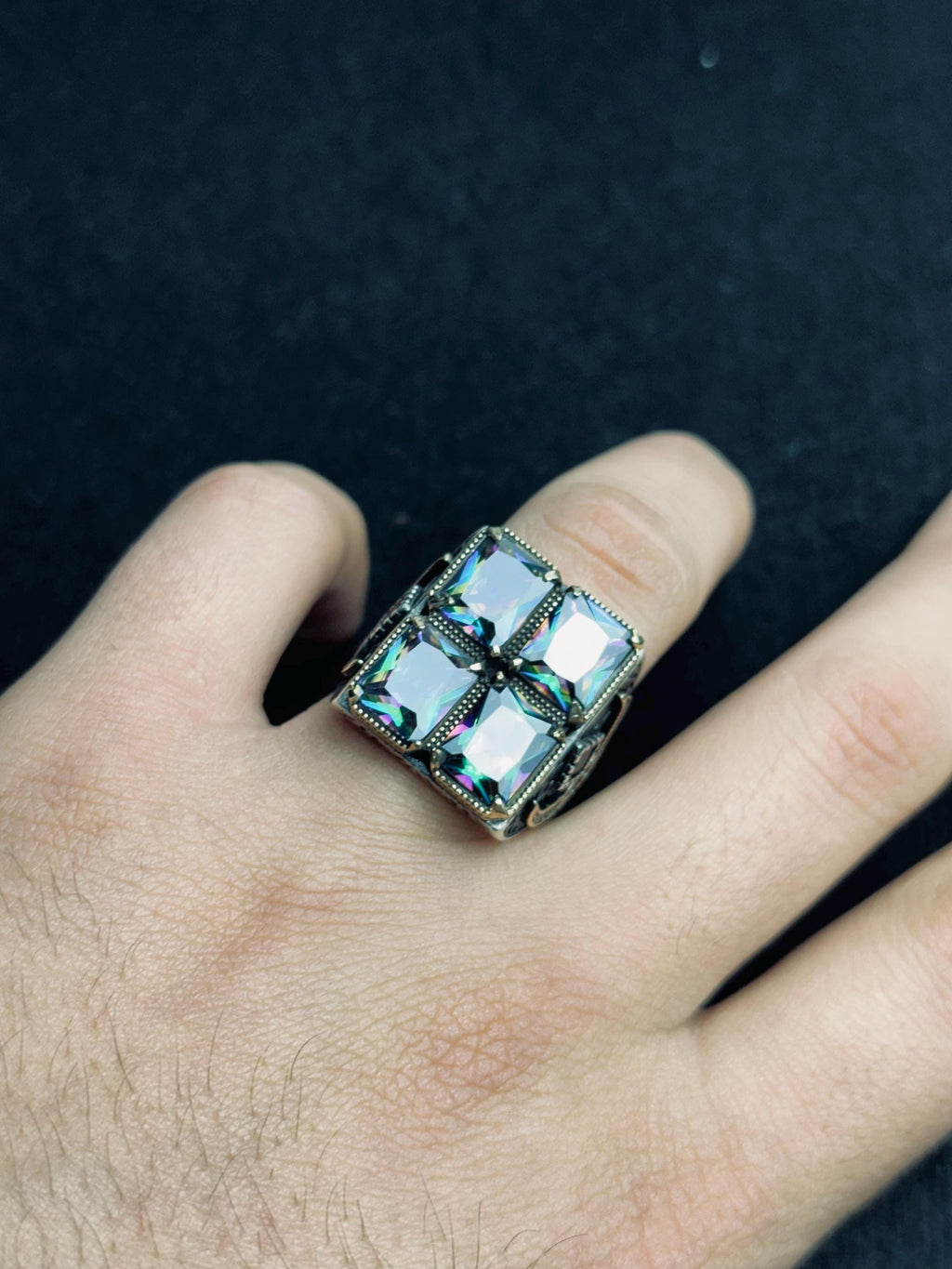 Mystic Topaz Ring: Handmade Turkish Silver (4 Stone Square)