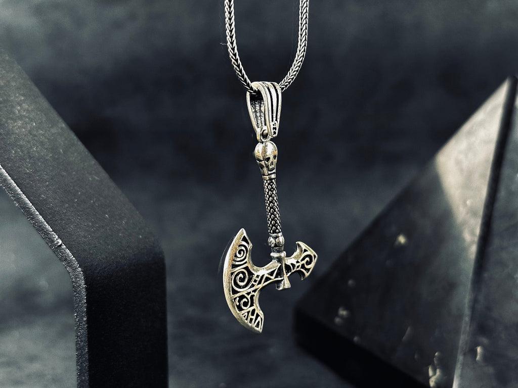 Silver Axe & Skull Necklace: Edgy Gothic Pendant