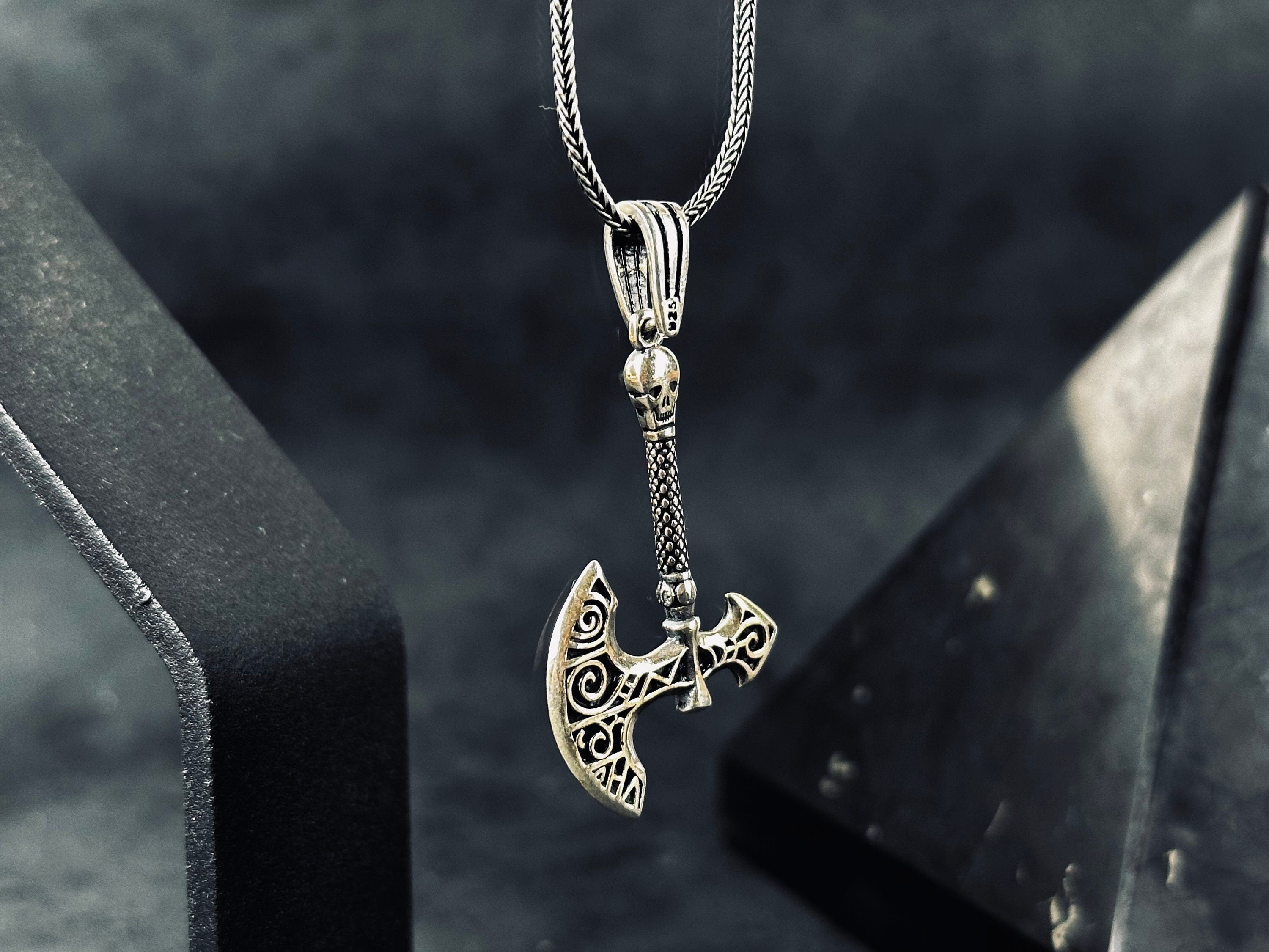 Silver Axe & Skull Necklace: Edgy Gothic Pendant