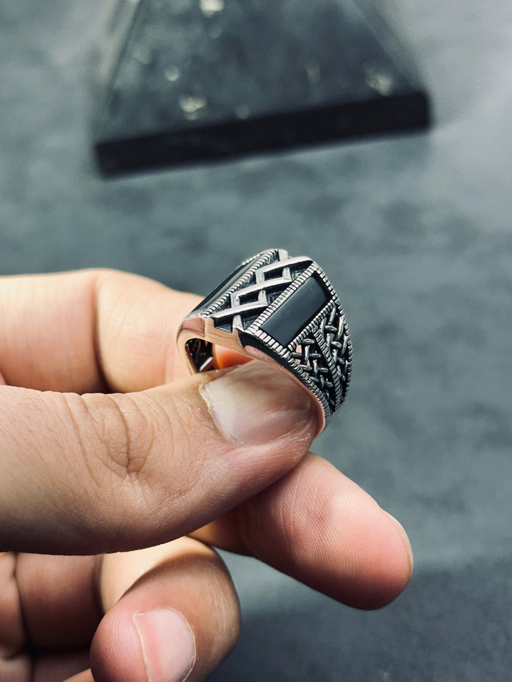Onyx Ring: Minimalist Sterling Silver (Engraved, Handmade)