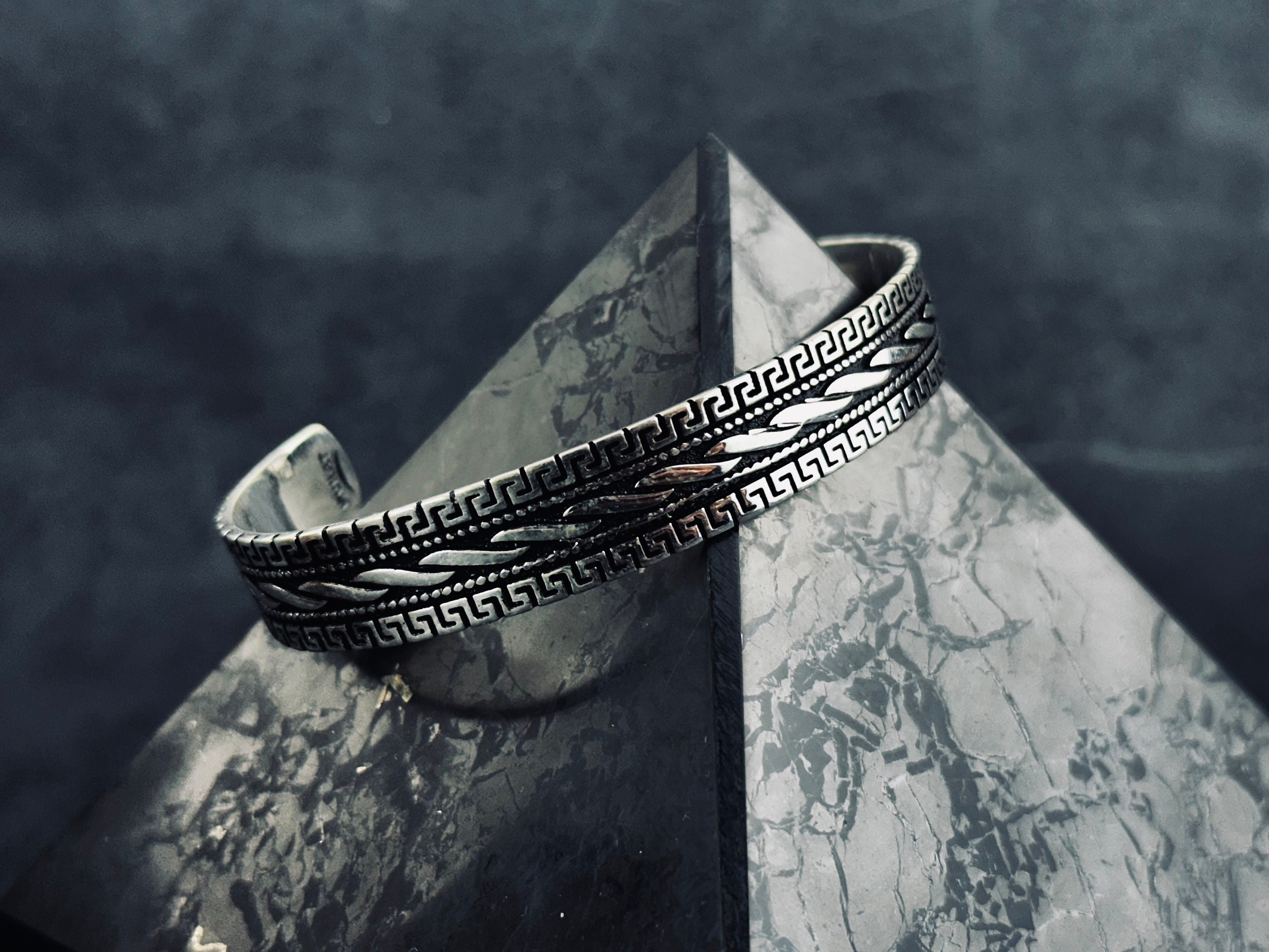 Greek Sterling Silver Cuff Bracelet, Handmade Adjustable (Unisex)