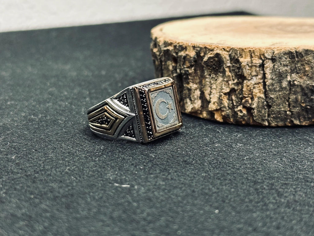 Square Signet Ring: Moon and Star Design (Sterling Silver Handmade)