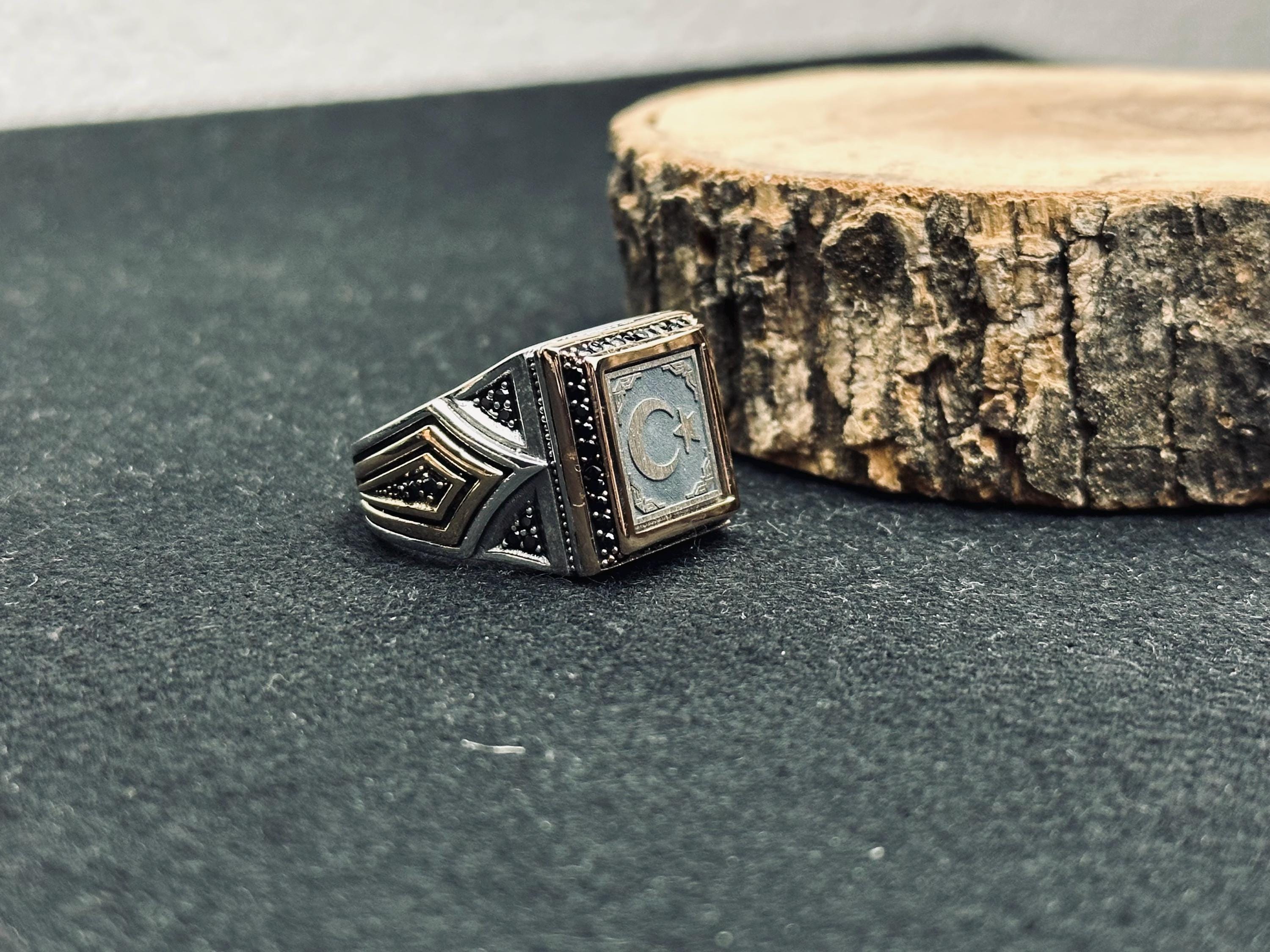 Square Signet Ring: Moon and Star Design (Sterling Silver Handmade)