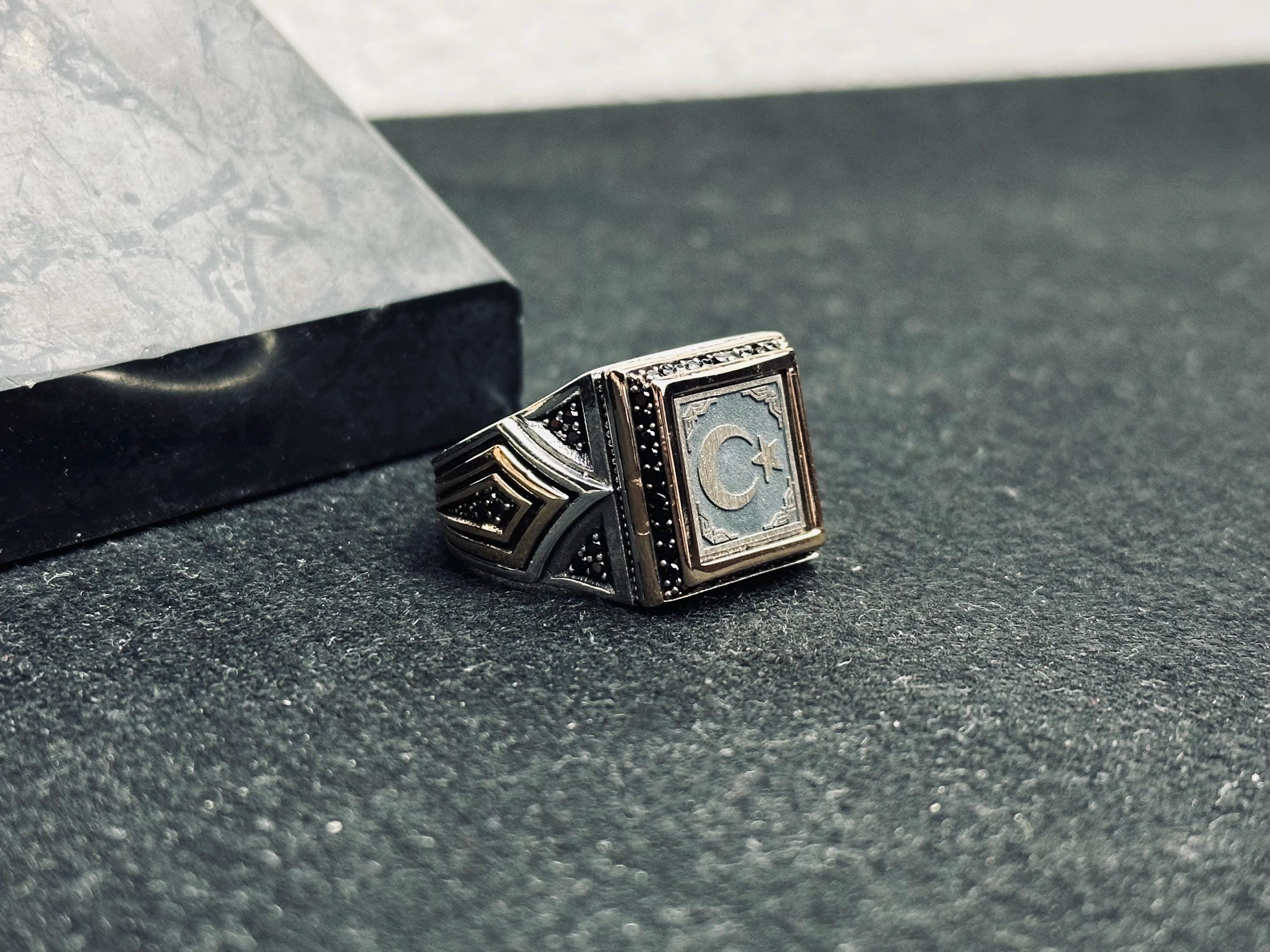 Square Signet Ring: Moon and Star Design (Sterling Silver Handmade)