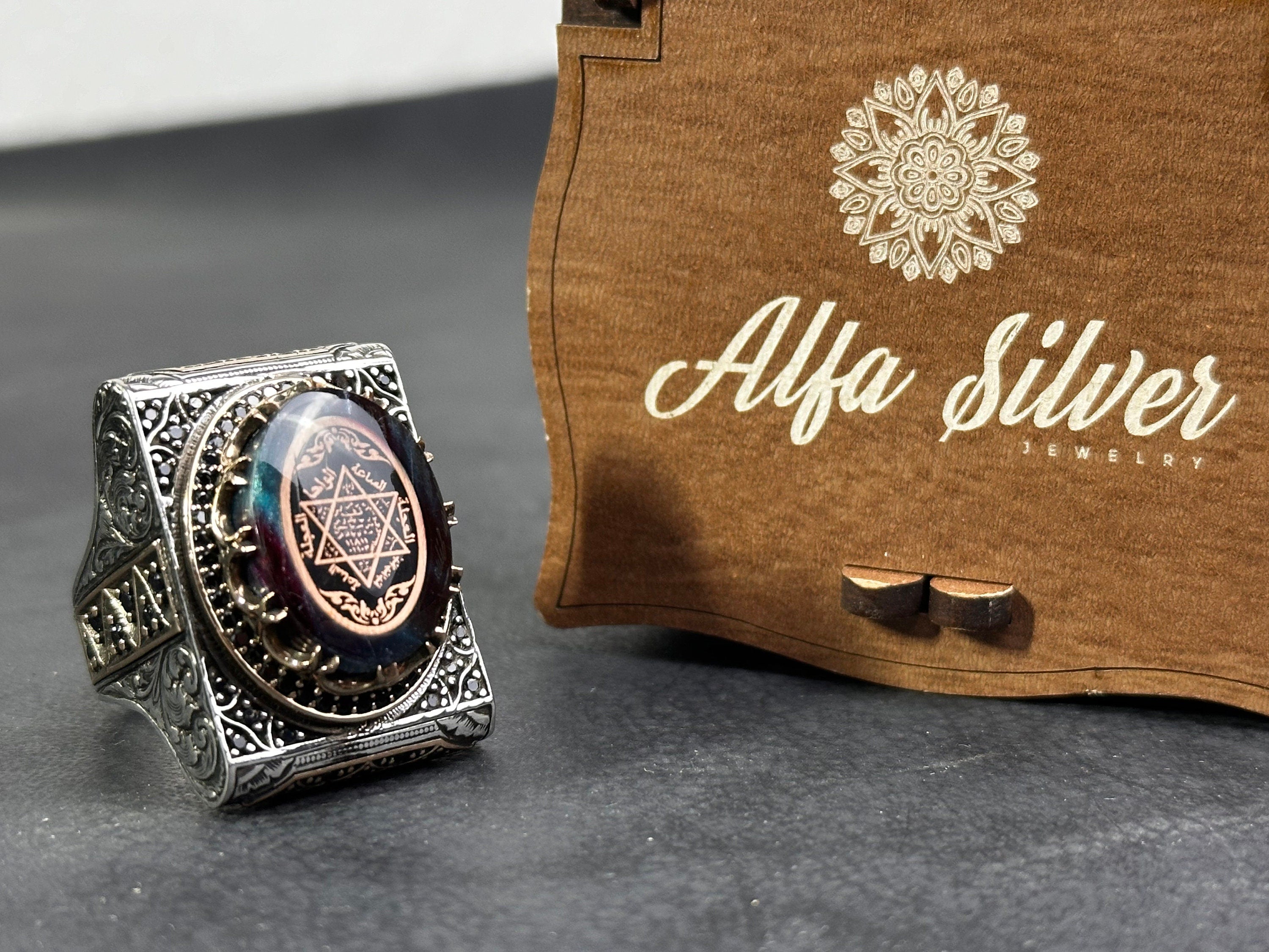 Solomon Seal Ring - Sterling Silver Amber Stone for Men