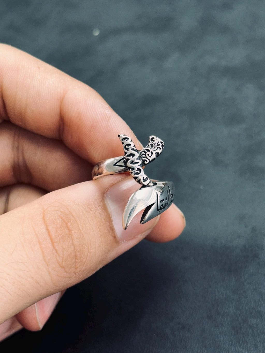 Arabic Calligraphy Sword Ring, Sterling Silver (Adjustable Thumb Band)