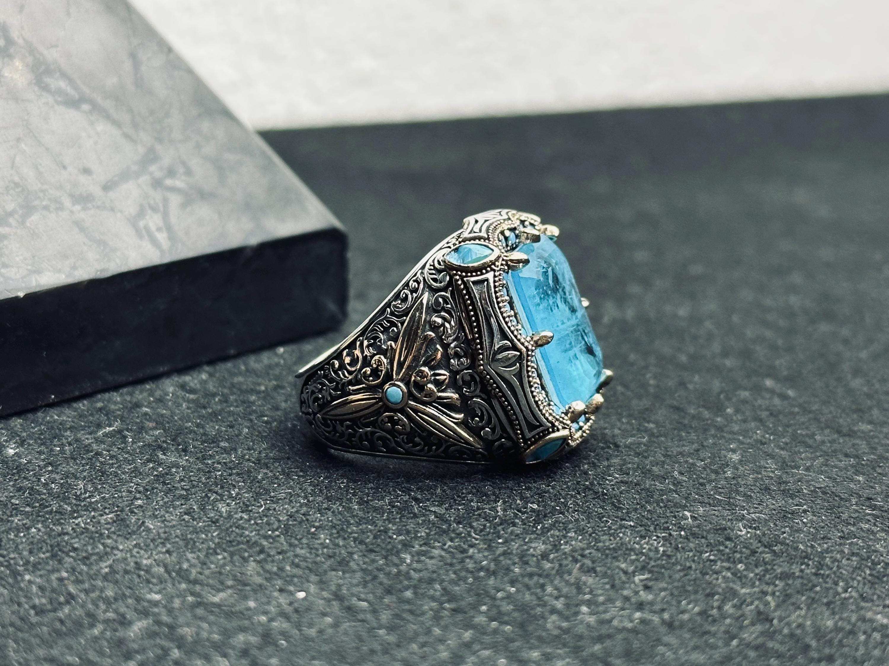 Aquamarine Ring: Men's Handmade Sterling Silver (Ottoman Lion Head)
