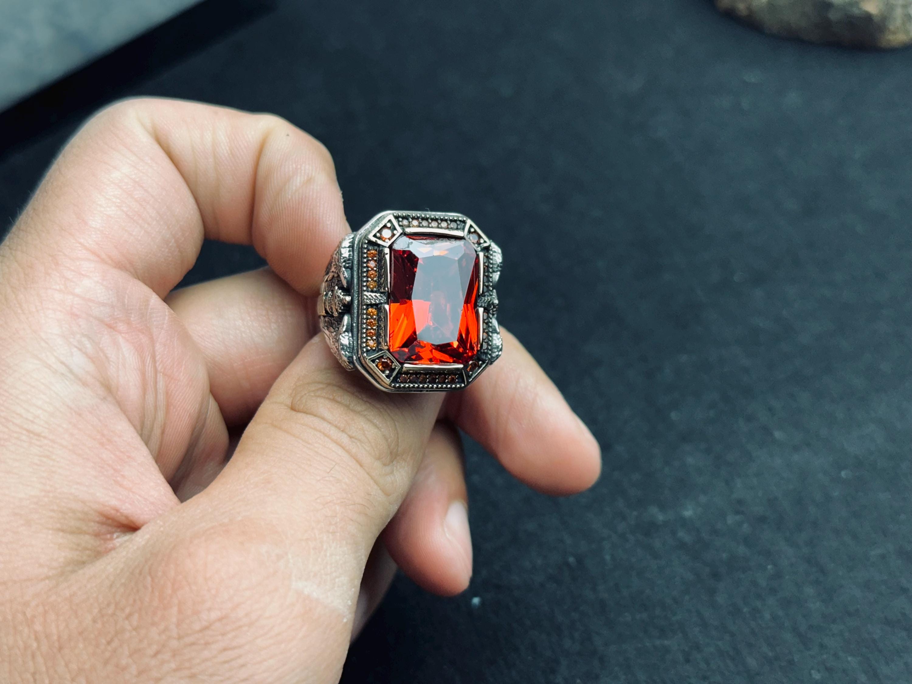 Ottoman Ruby Silver Ring, Handmade Vintage Style (Men's Size)