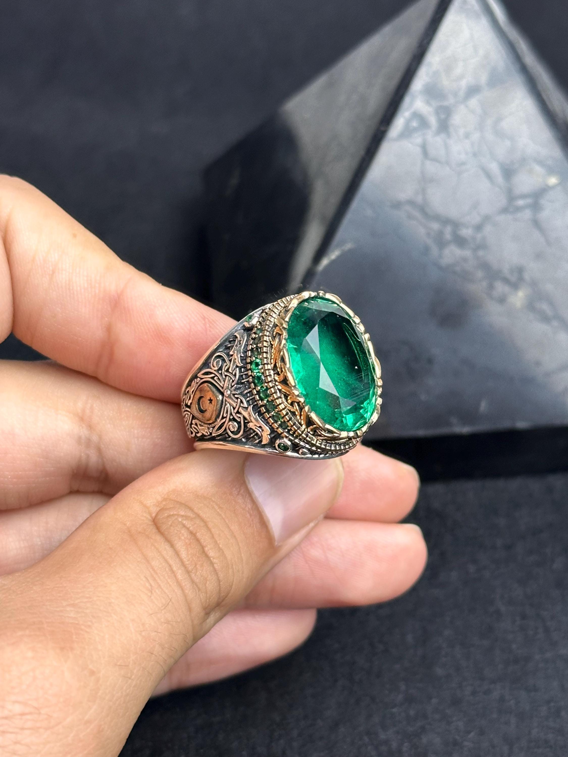 Oxidized Sterling Silver Ring - Green Cubic Zirconia Stone for Men