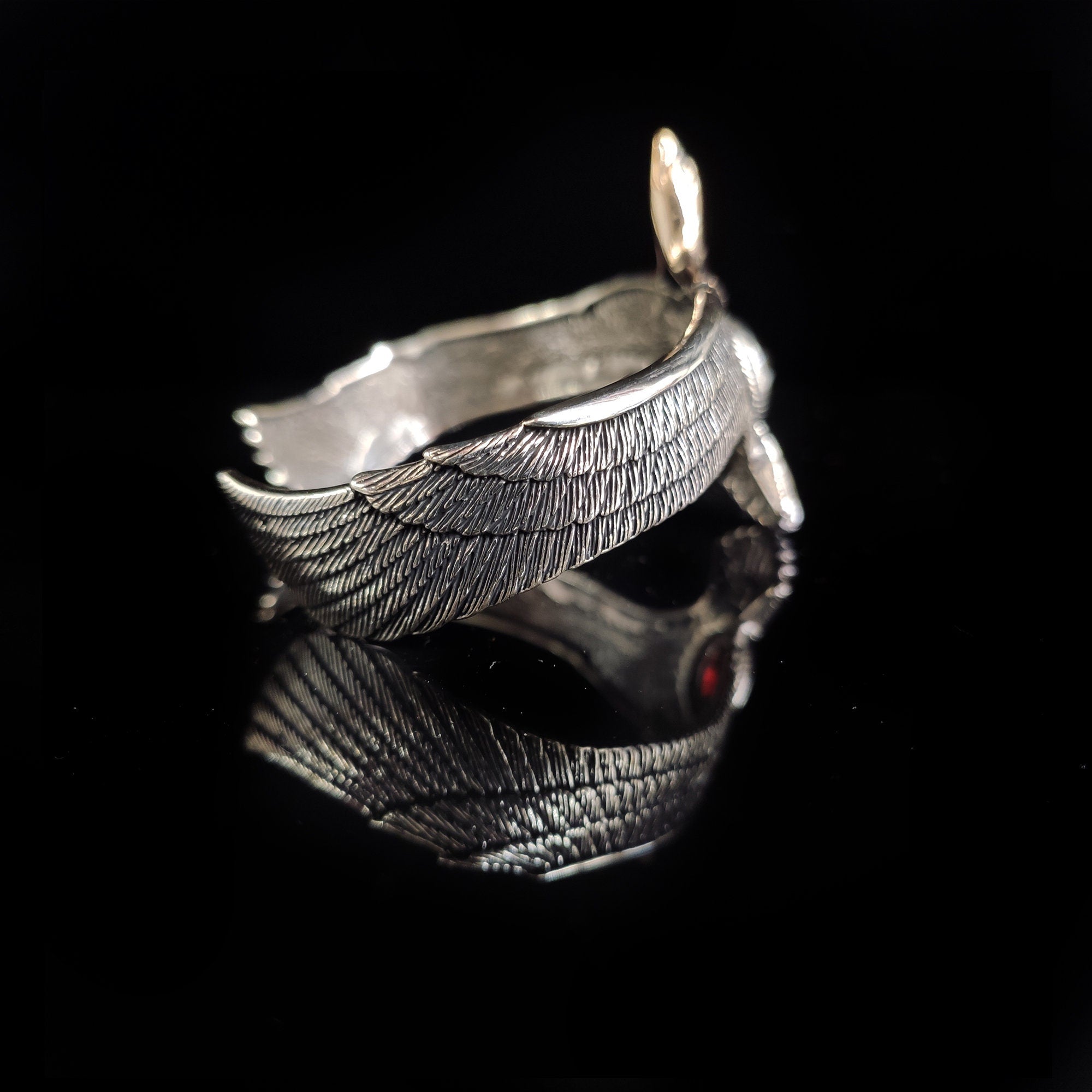Eagle Bracelet: Red Zircon Sterling Silver Cuff (Handmade)