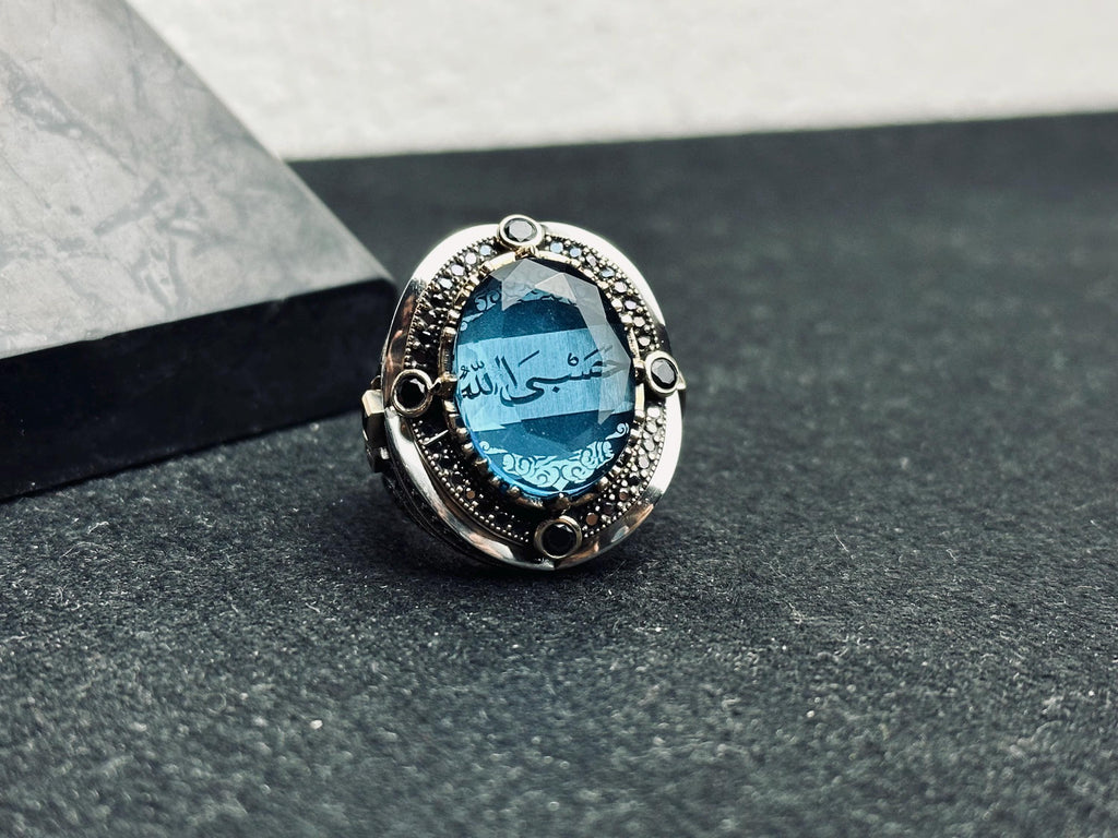 Men's Silver Ring: Aquamarine and Zircon - Arabic Prayer Inscription