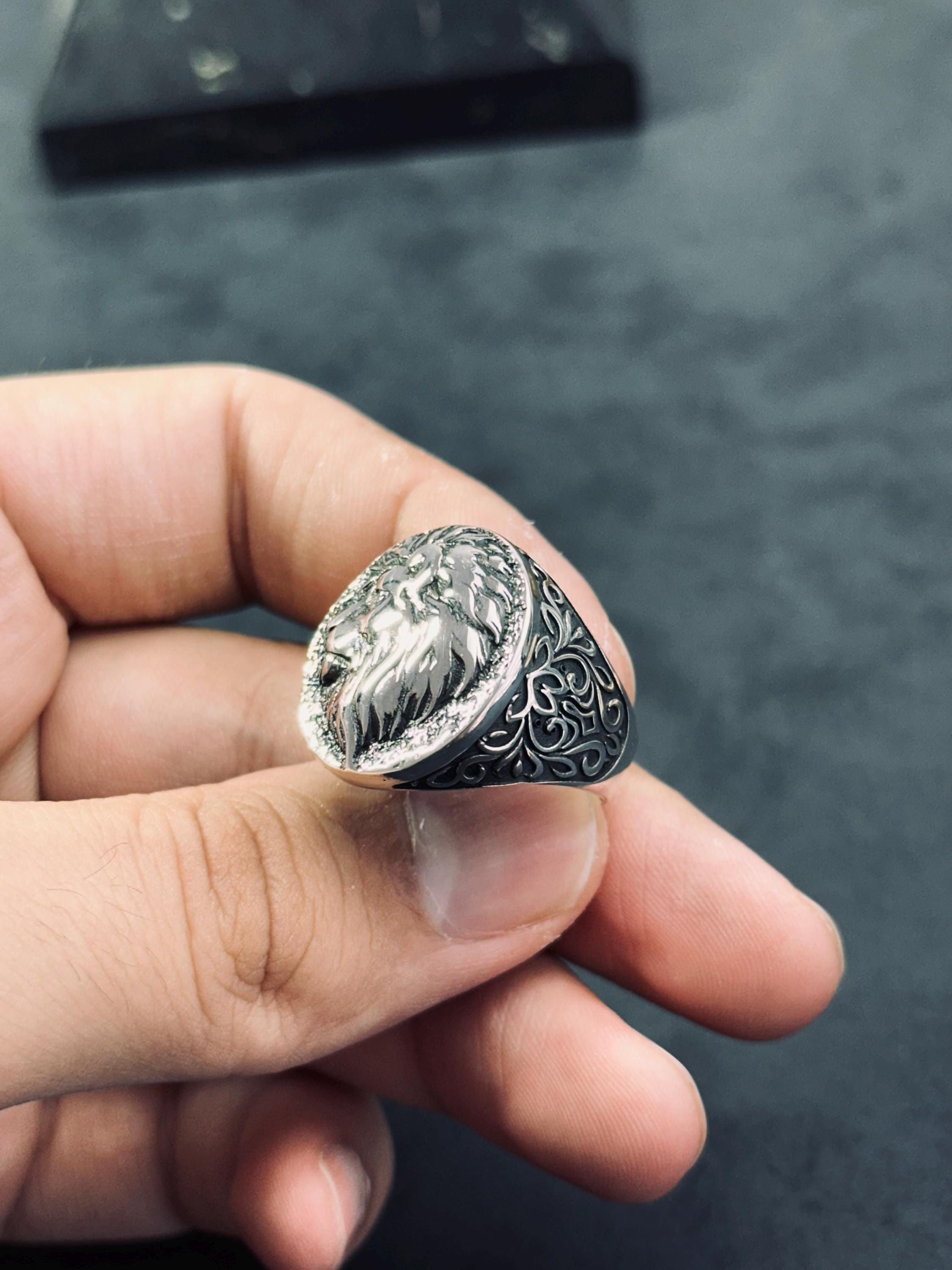Engraved Lion Head Ring: Sterling Silver Men's Statement Jewelry