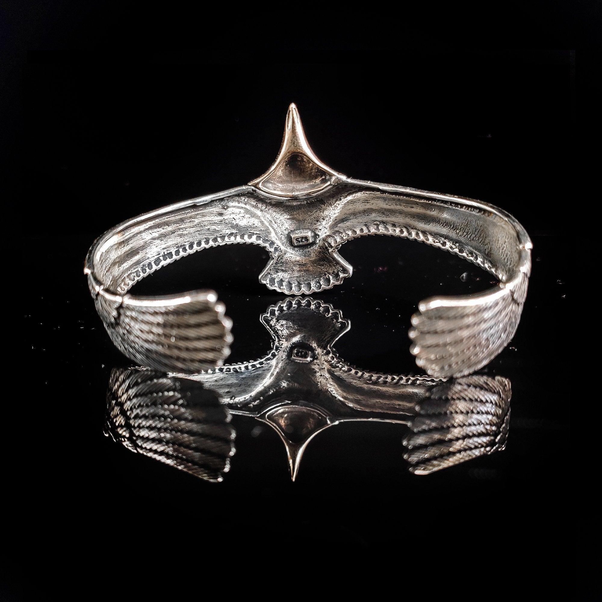 Handmade Sterling Silver Eagle Bracelet (Engraved Cuff, Sapphire)