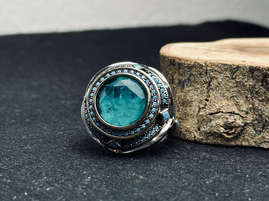 Men's Sterling Silver Ring, Blue Paraiba Tourmaline (Bold Statement)
