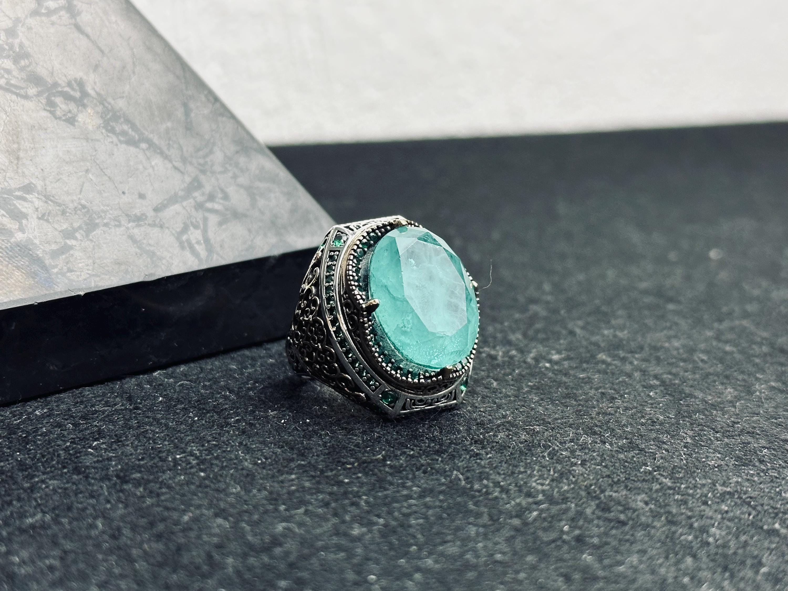 Turkish Aquamarine Ring, Sterling Silver Light Blue (Men's Size)